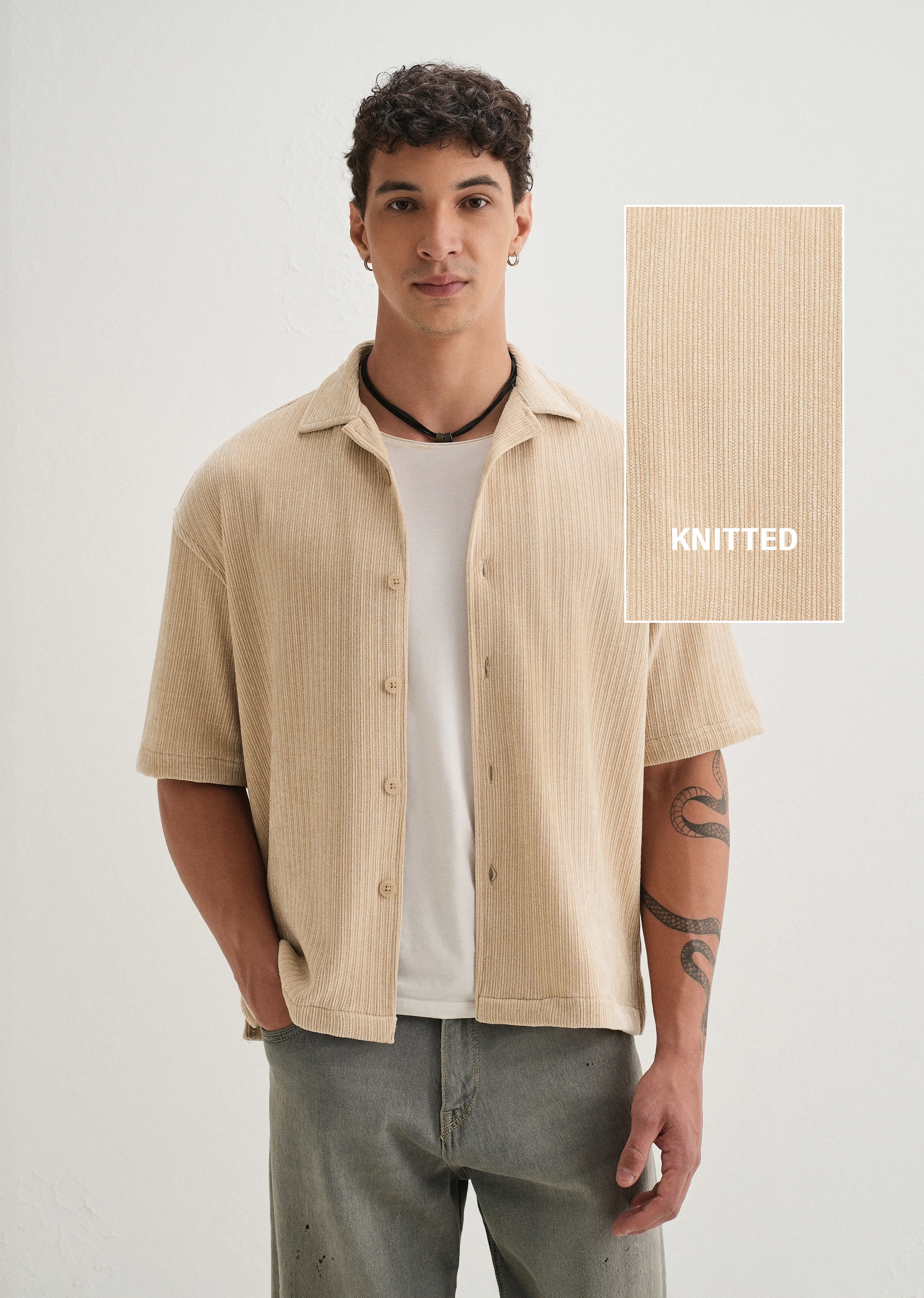 Beige Suede Knit Half Sleeve Shirt