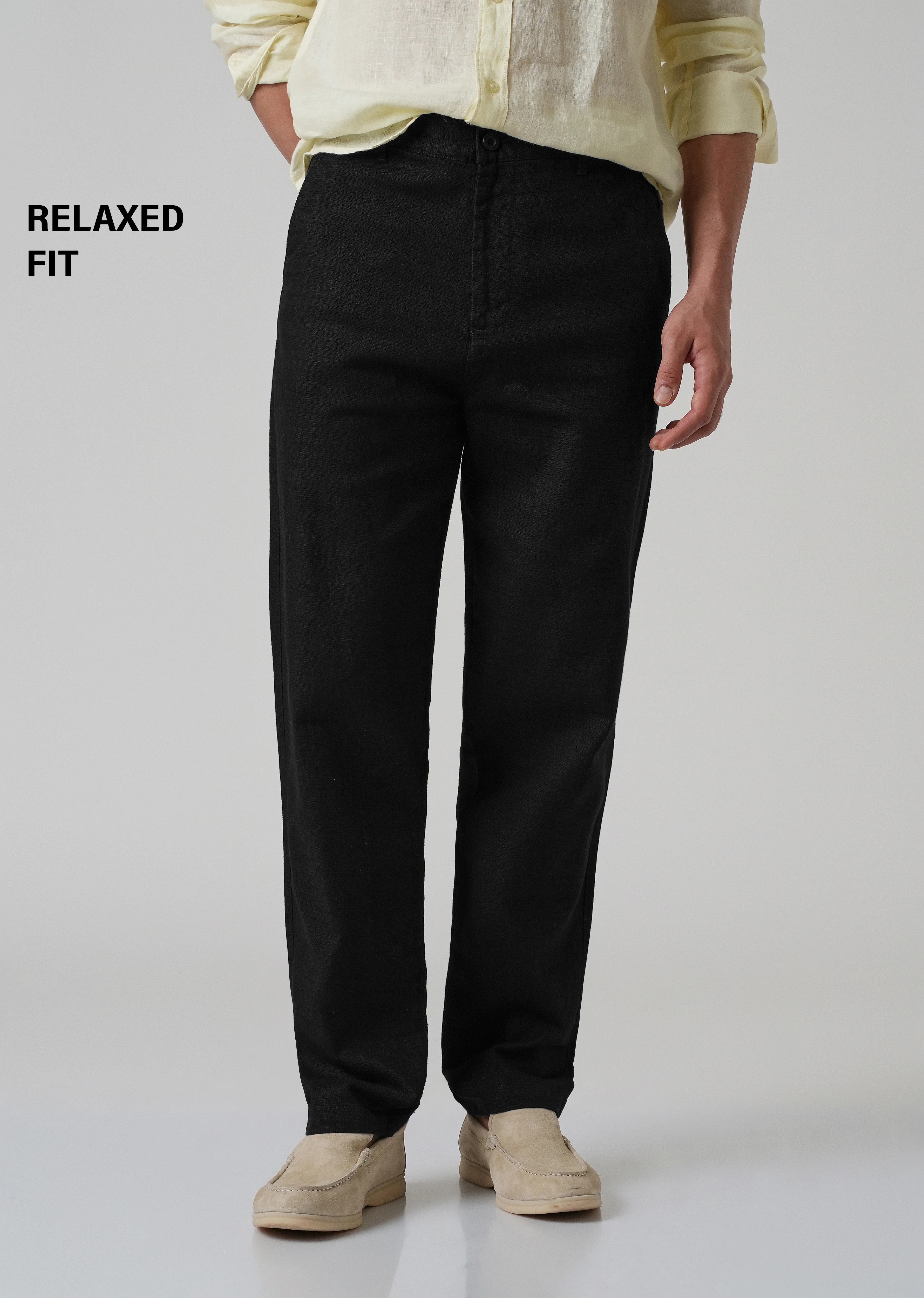 Black Linen-Look Cotton Trousers