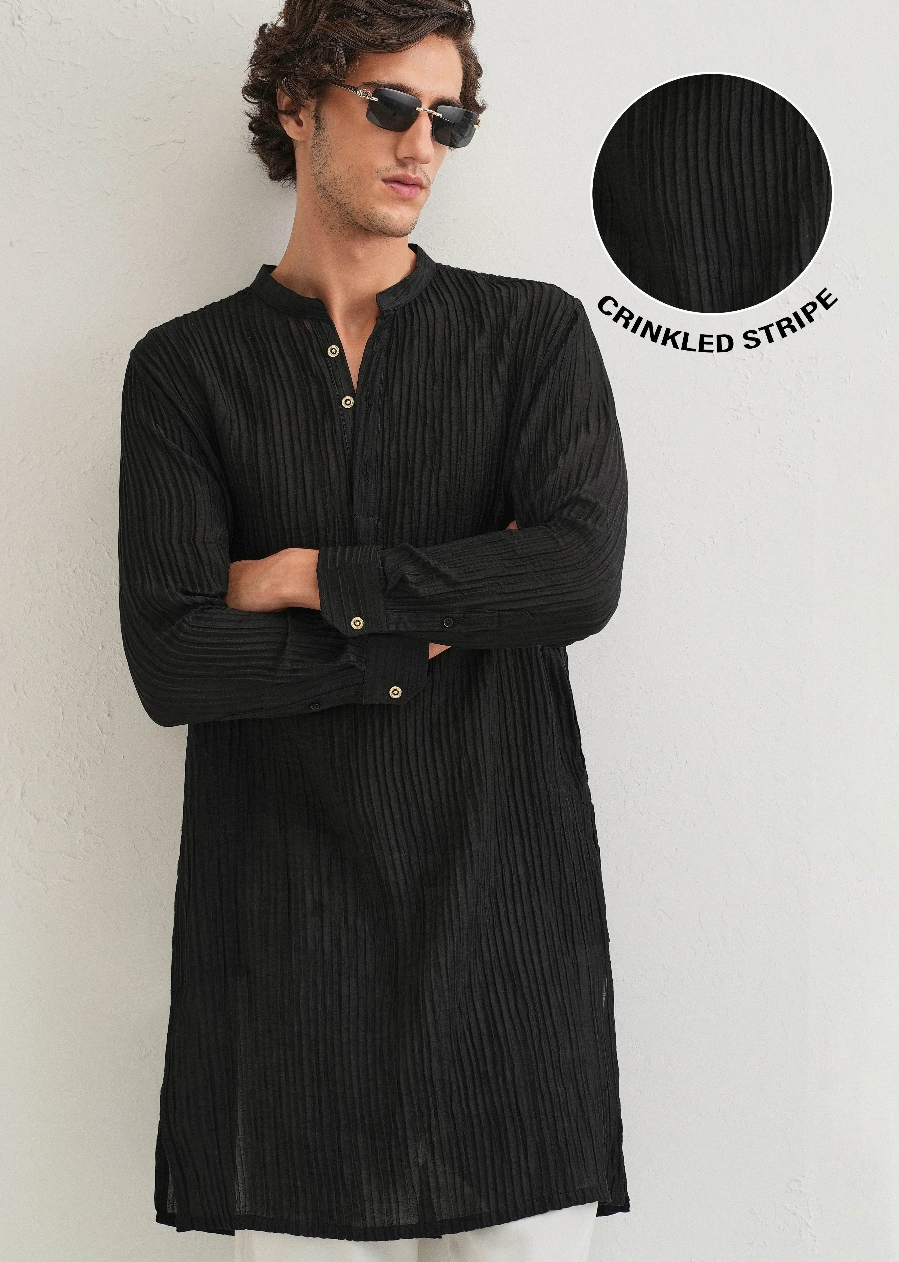 Black Crinkled Stripe Kurta