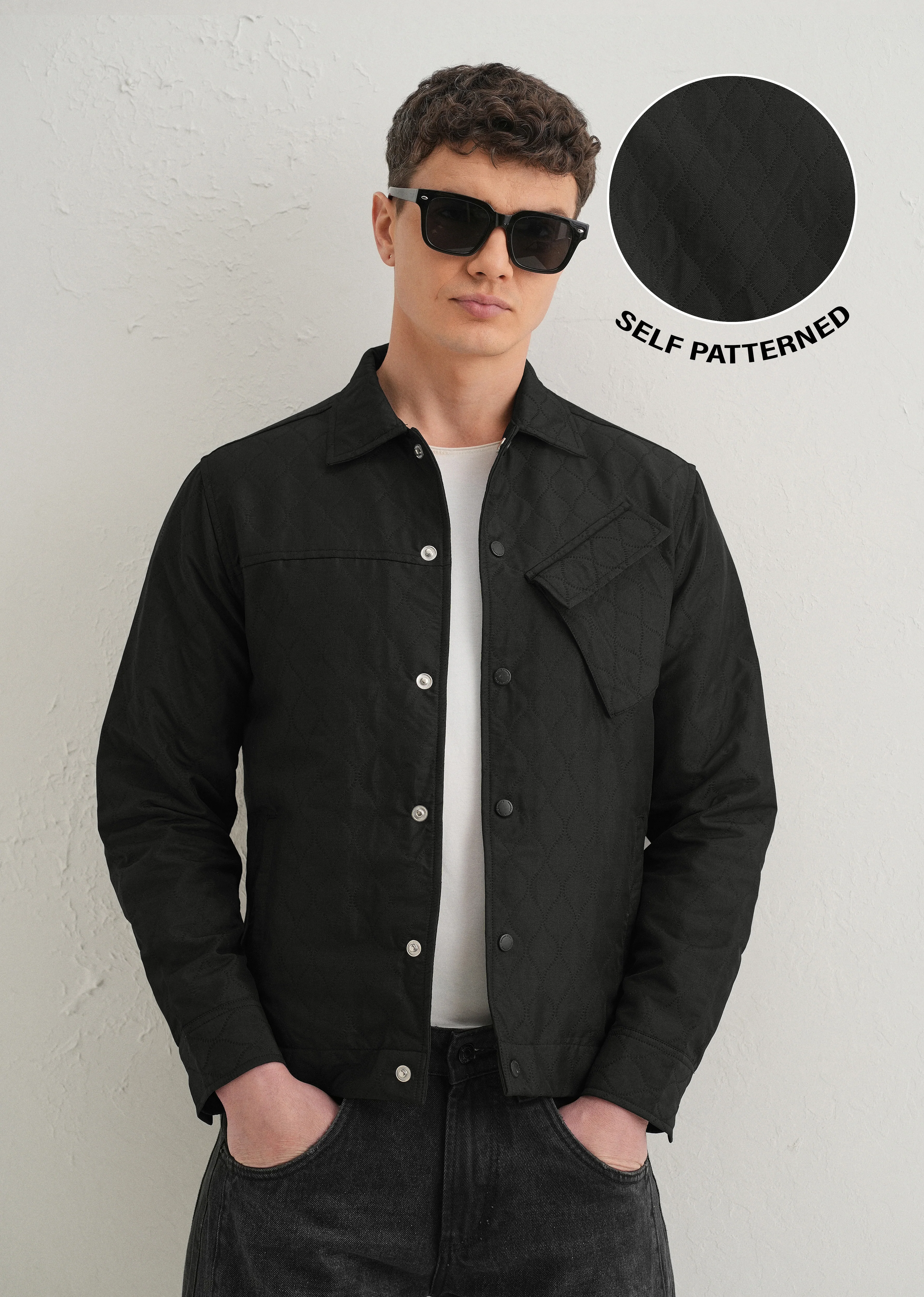 Black Cross Pocket Self Pattern Shacket