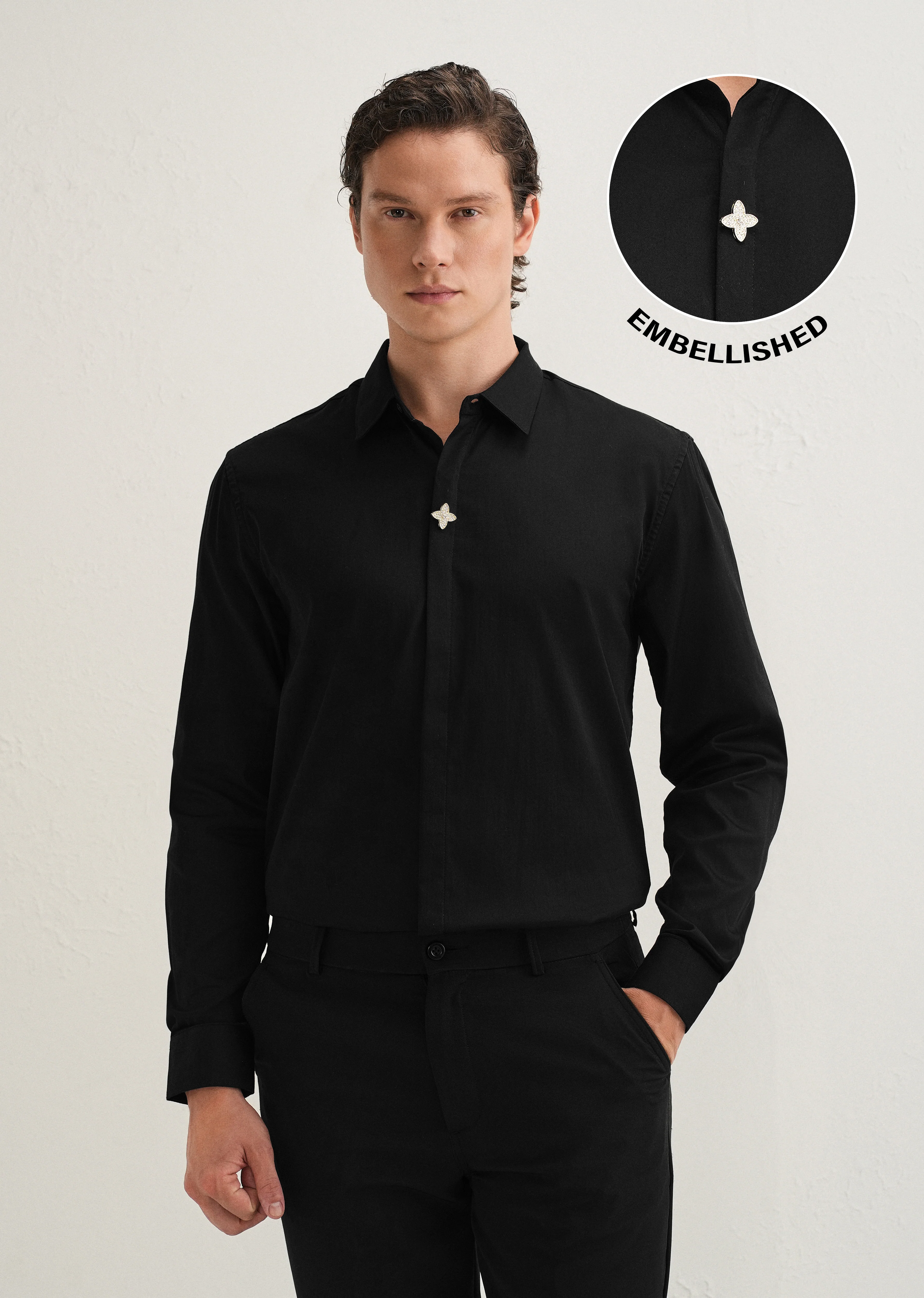 Black Crystal Flower Designer Shirt