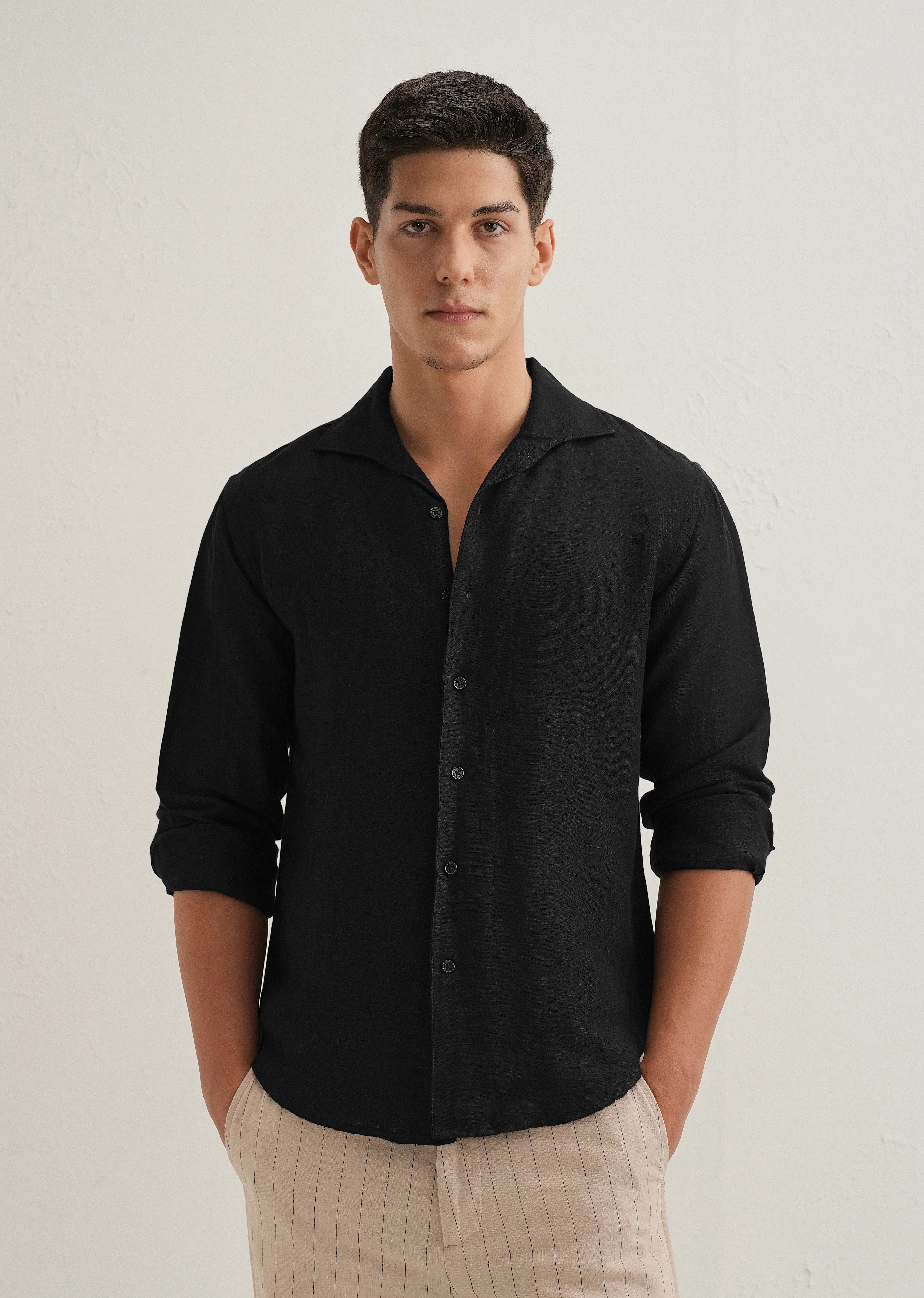 Black Plain Linen Viscose Shirt
