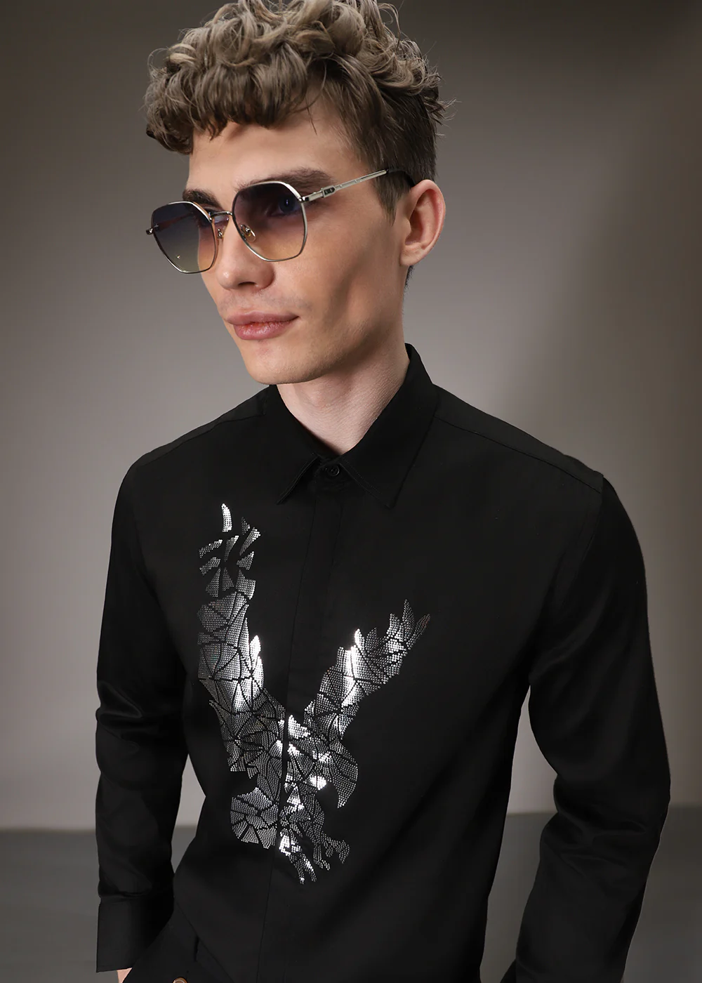Black Soar Eagle Sequin Designer Shirt