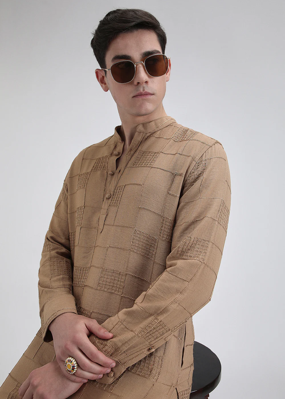 Brown Self Thread Embroidered Kurta