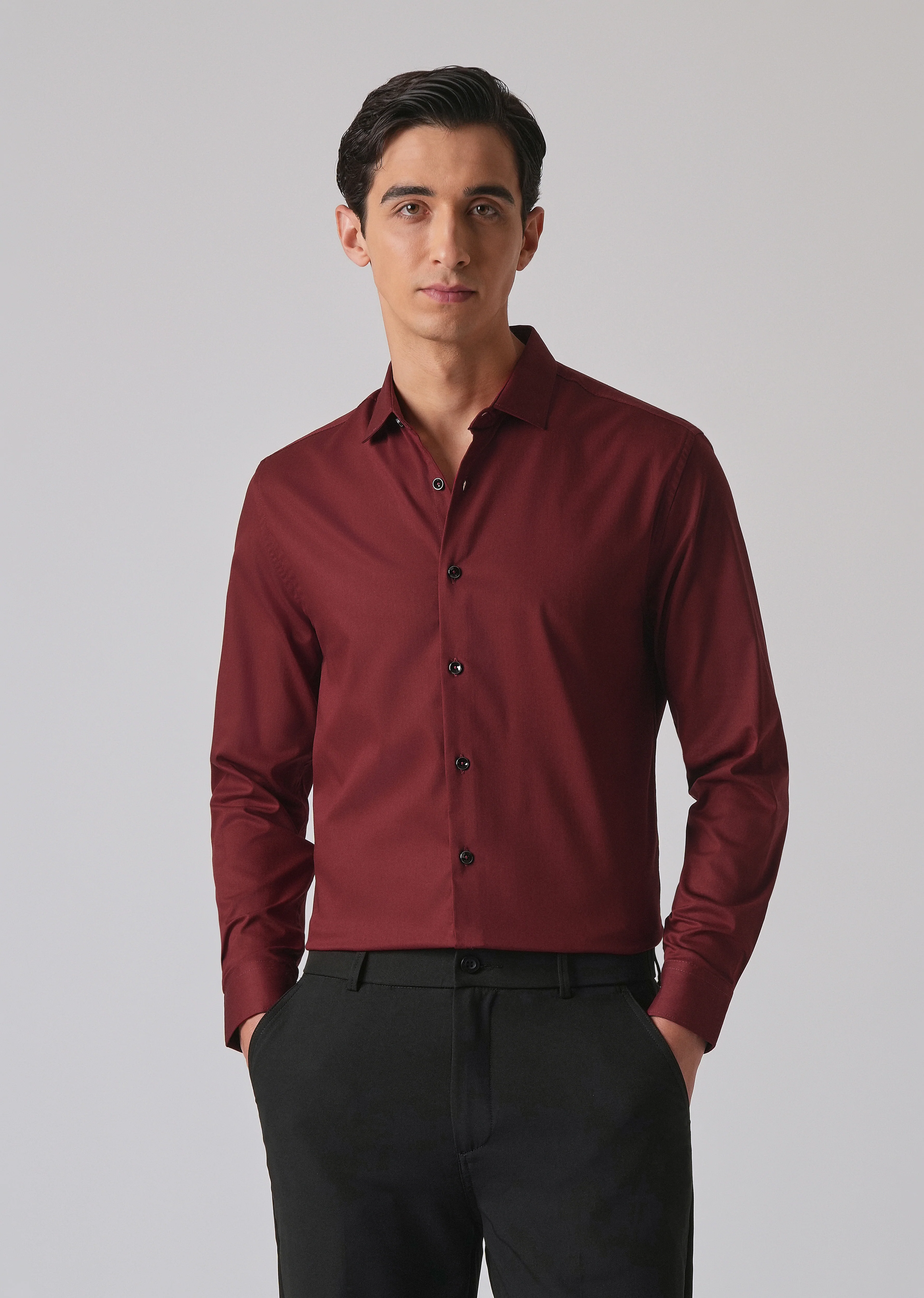 Burgundy Red Cotton Stretch Plain Shirt