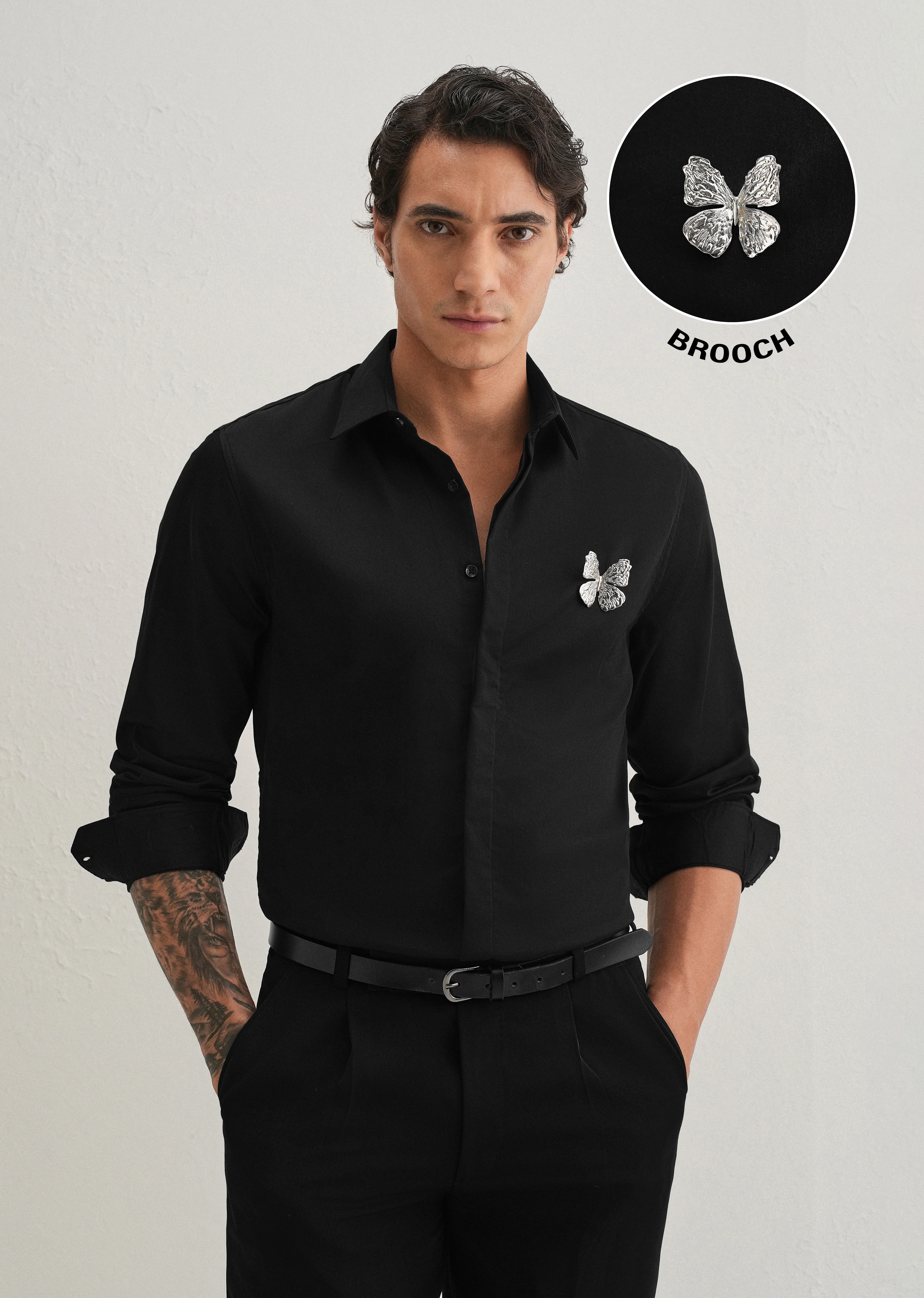 Butterfly Brooch Black Designer Shirt