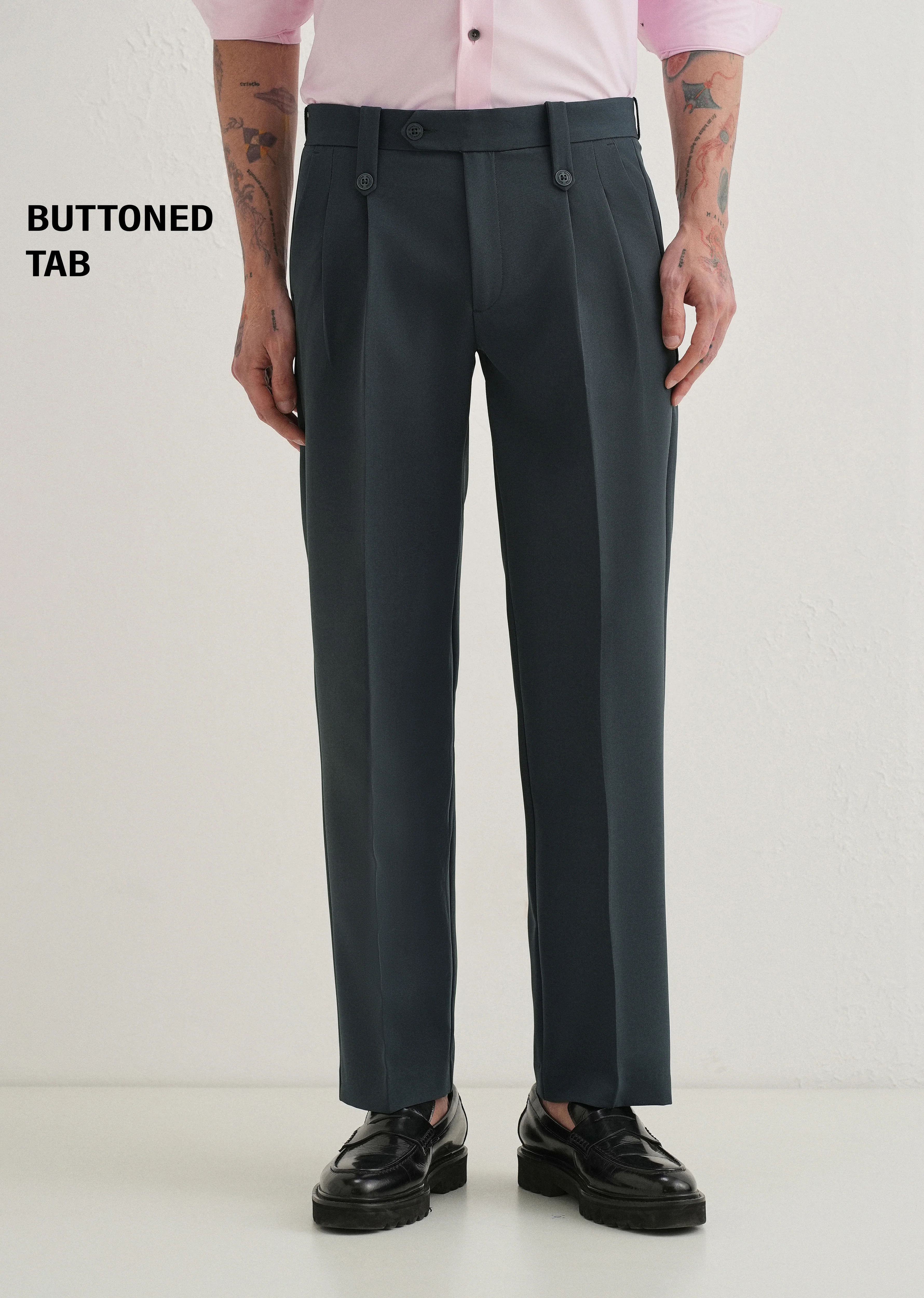 Charcoal Grey Button-Tab Pleat Trouser