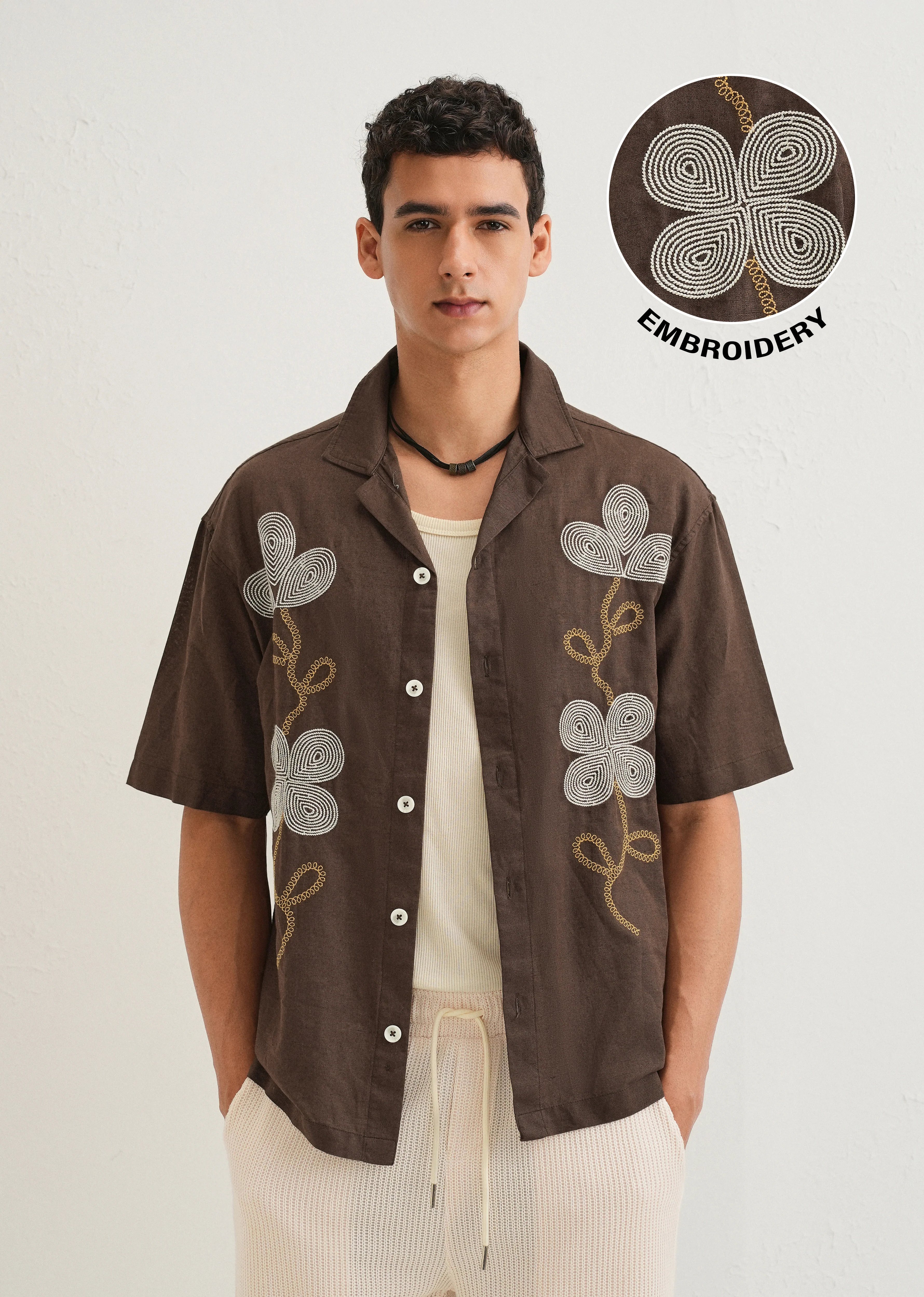 Coffee Brown Embroidery Cuban Collar Shirt