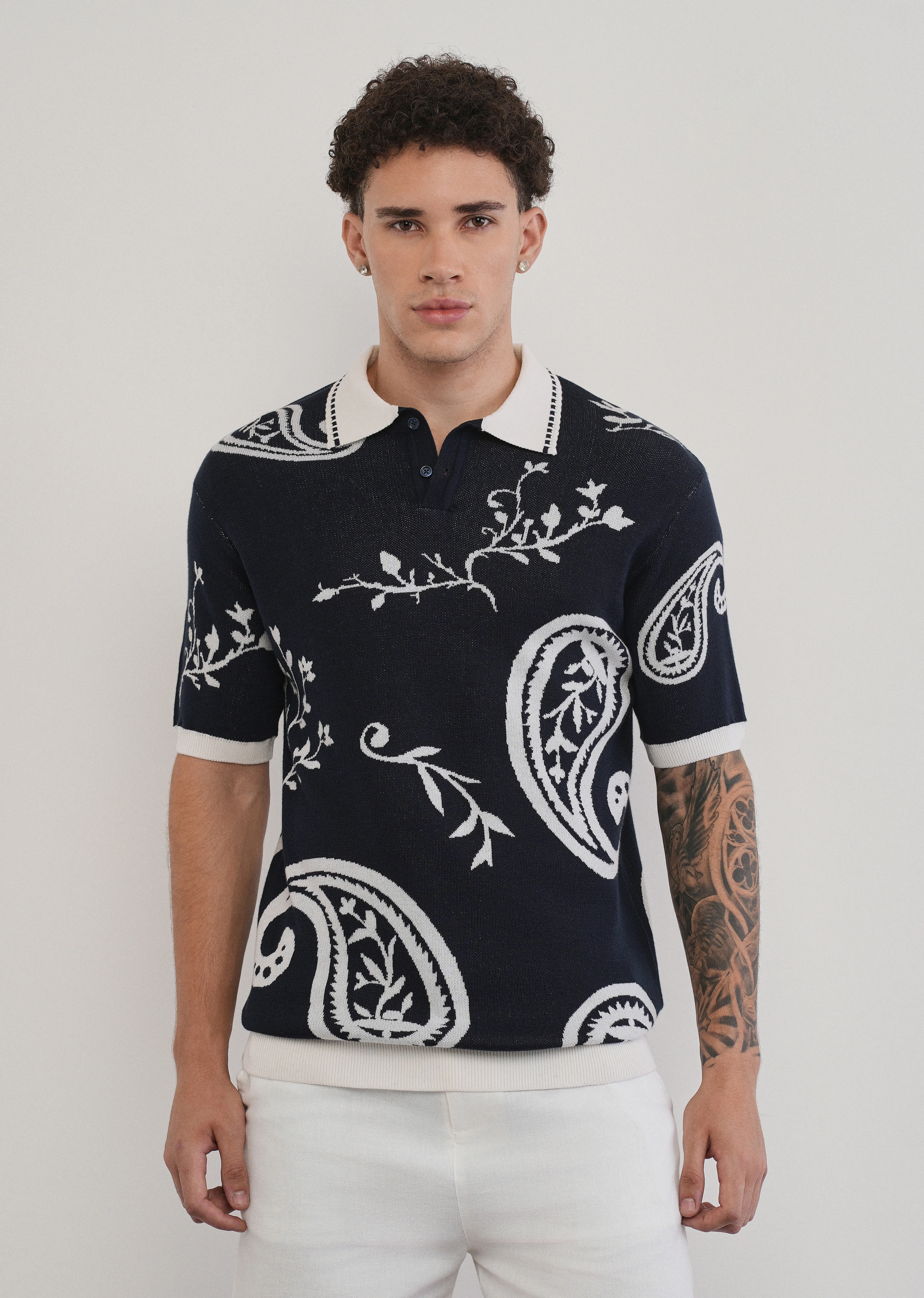 Cotton Navy Paisley Knitted Polo - Image 3