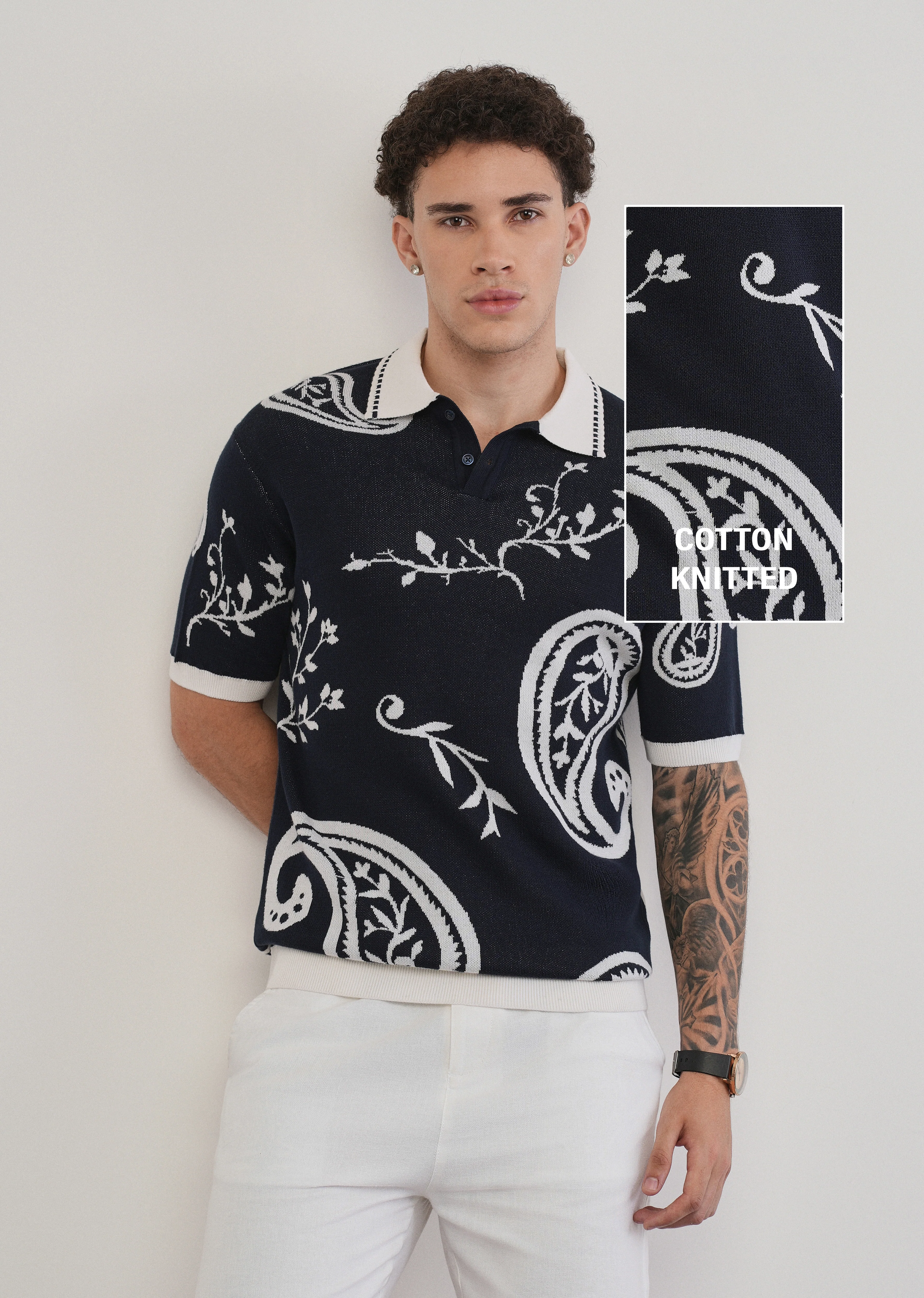 Cotton Navy Paisley Knitted Polo - Image 7