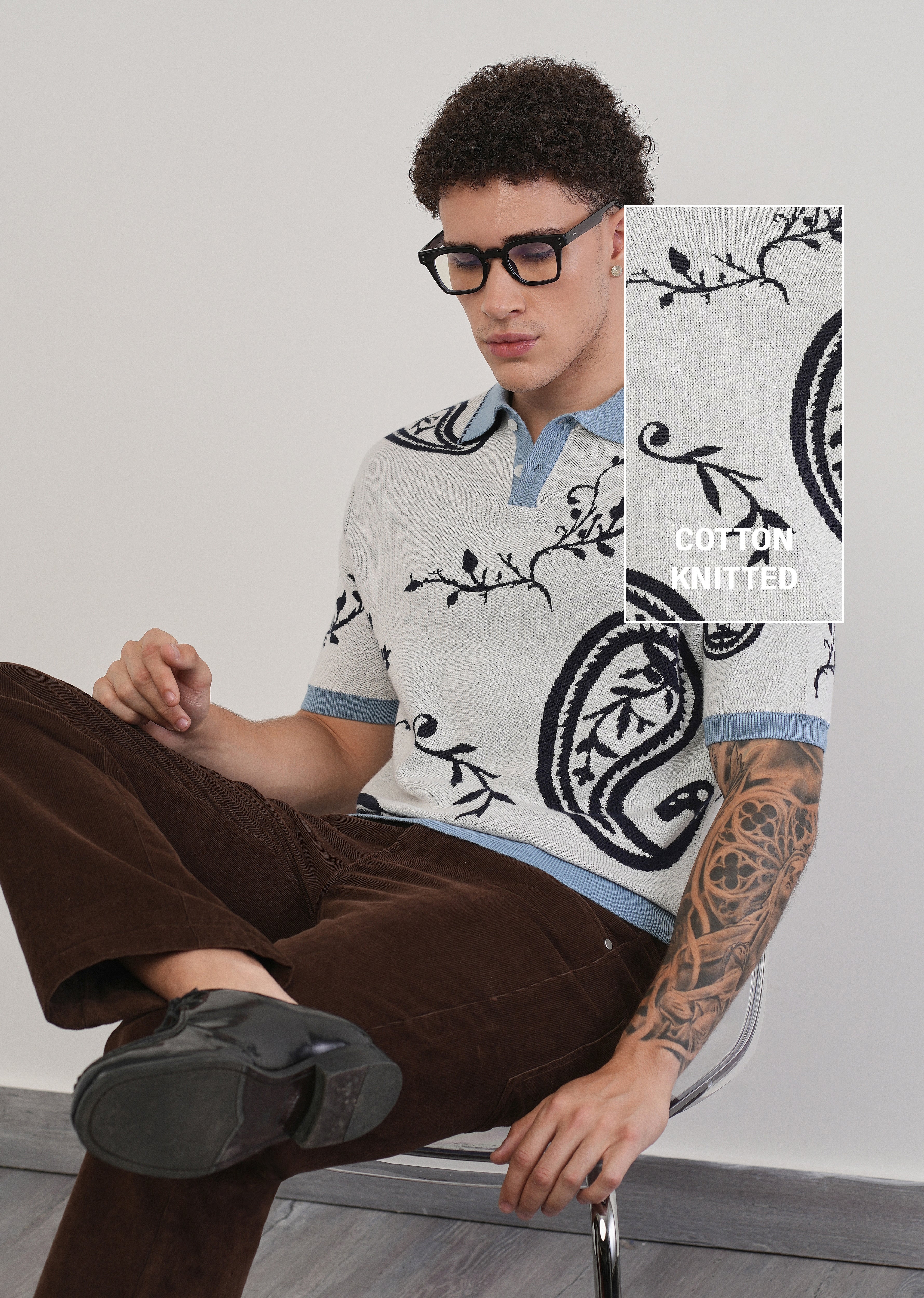 Cotton Off-White Paisley Knitted Polo - Image 7