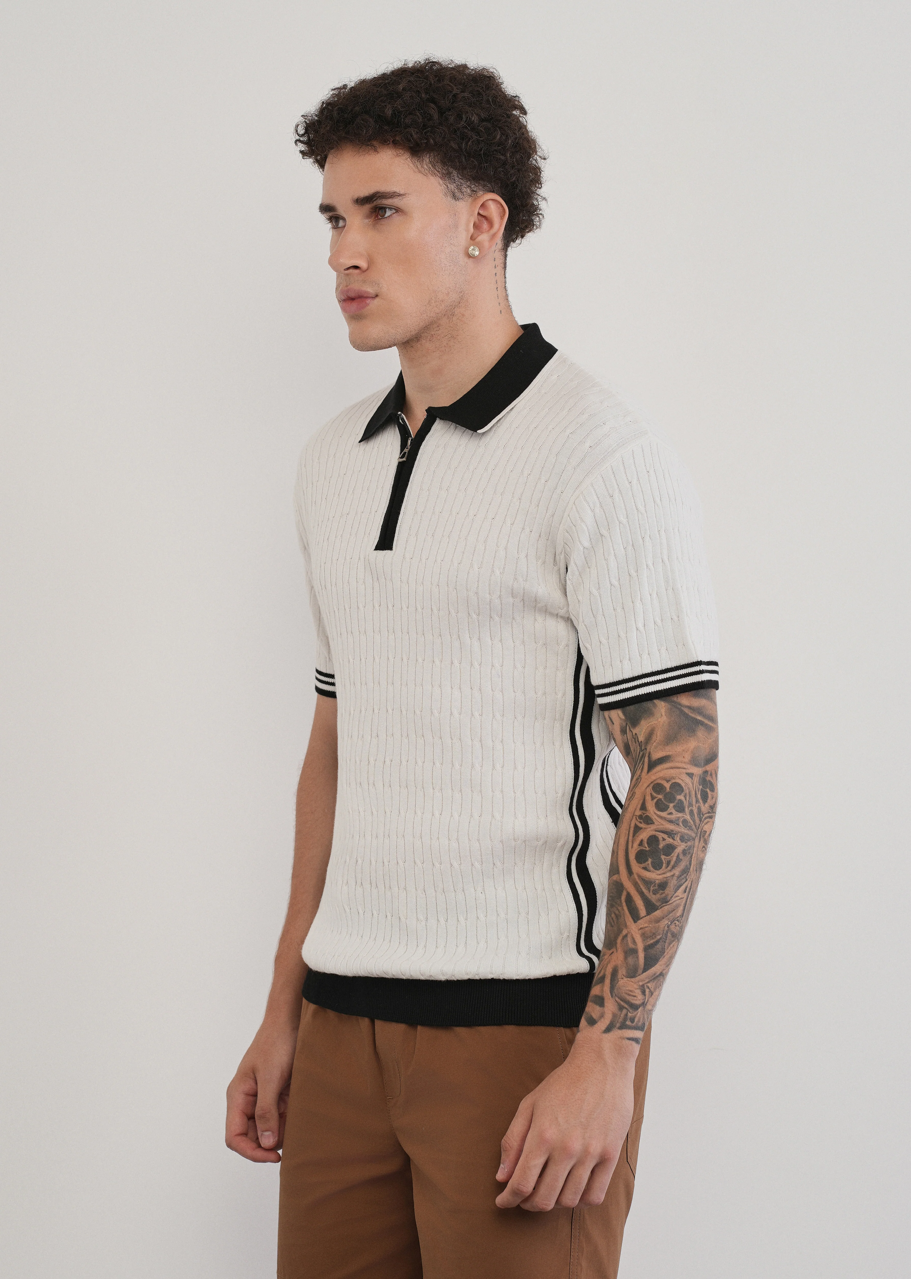 Cotton Quarter Zipper Cable Knitted Polo - Image 4