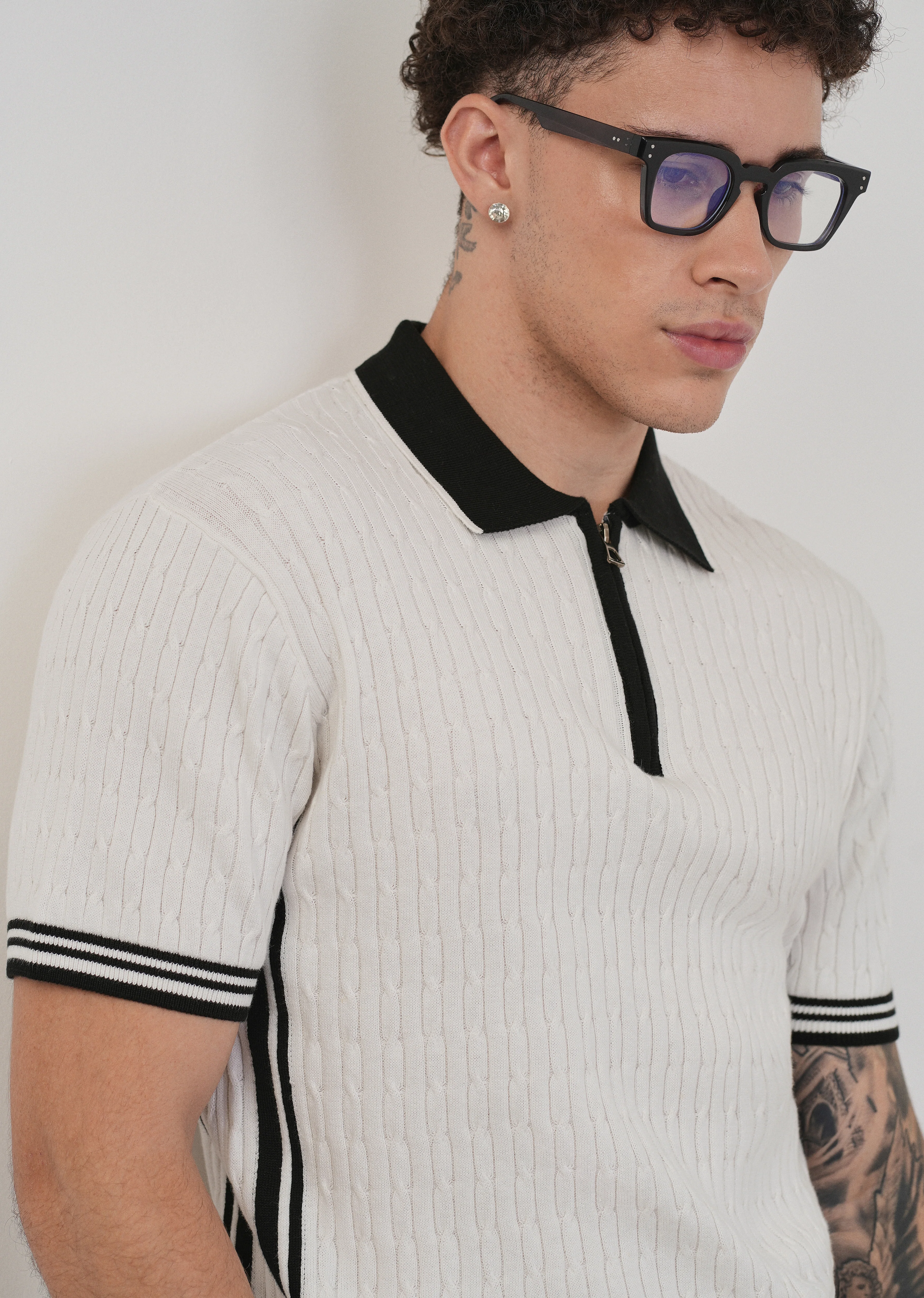 Cotton Quarter Zipper Cable Knitted Polo - Image 5