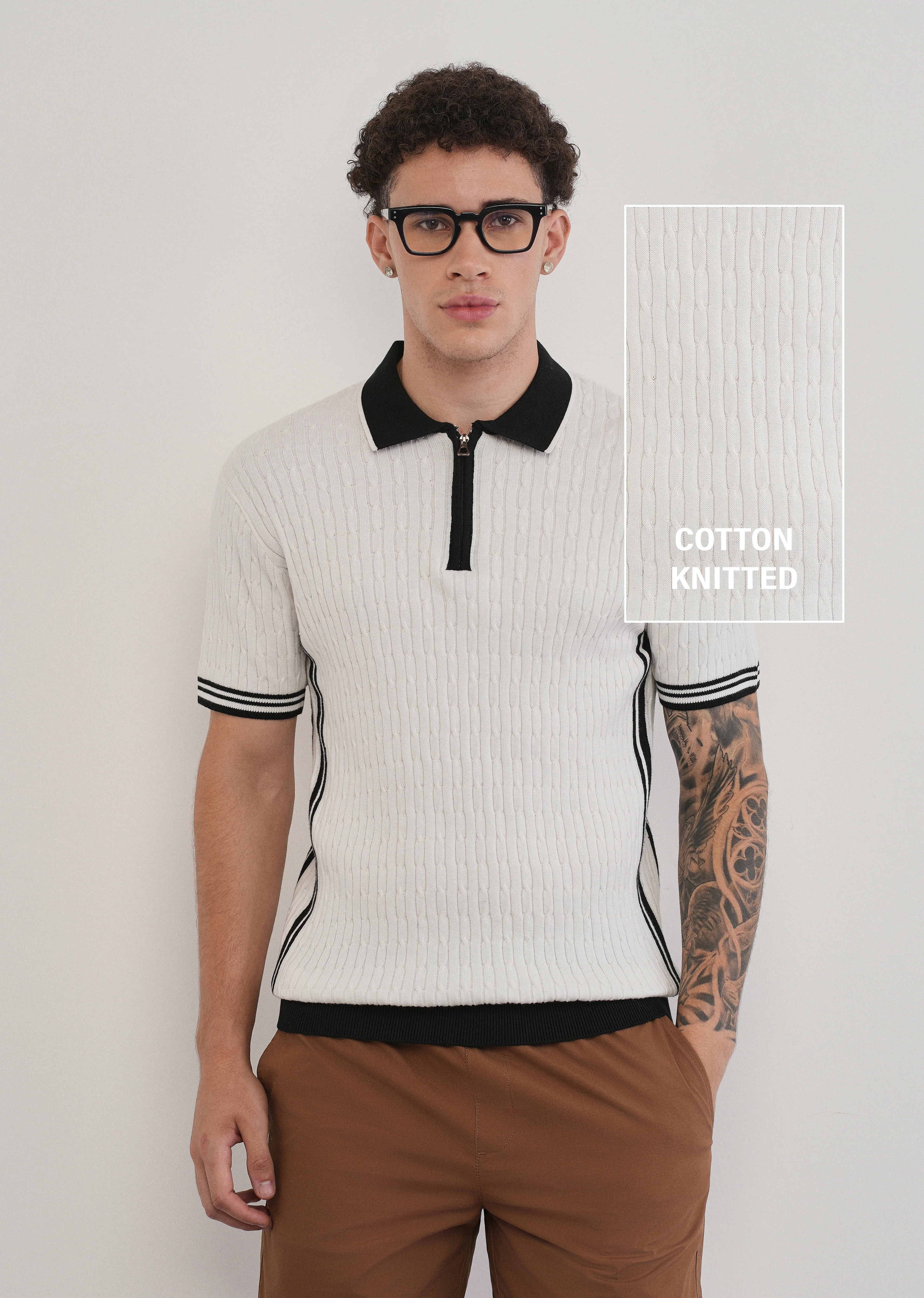 Cotton Quarter Zipper Cable Knitted Polo - Image 7