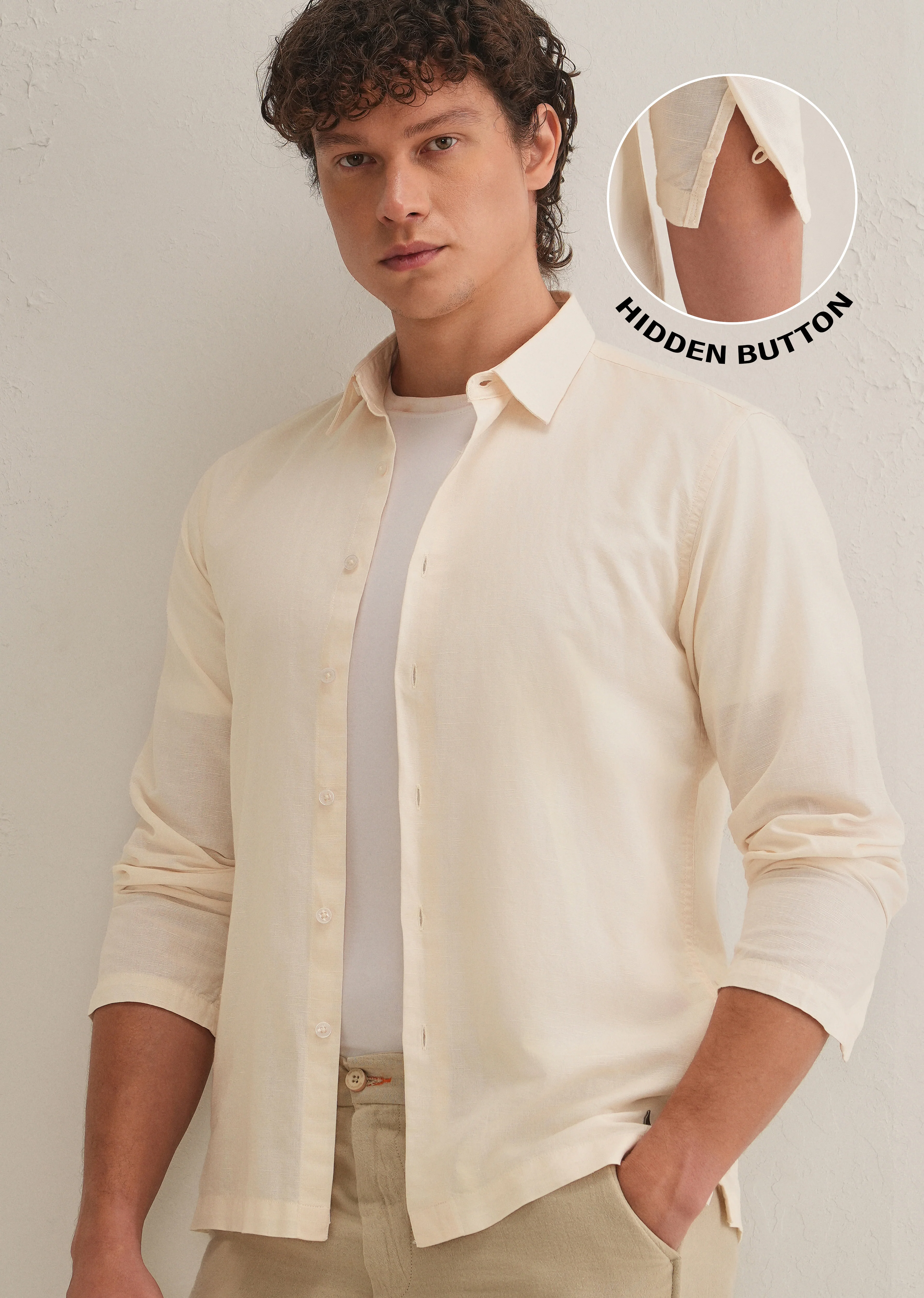 Cream Hidden Sleeve Placket Cotton Linen Shirt
