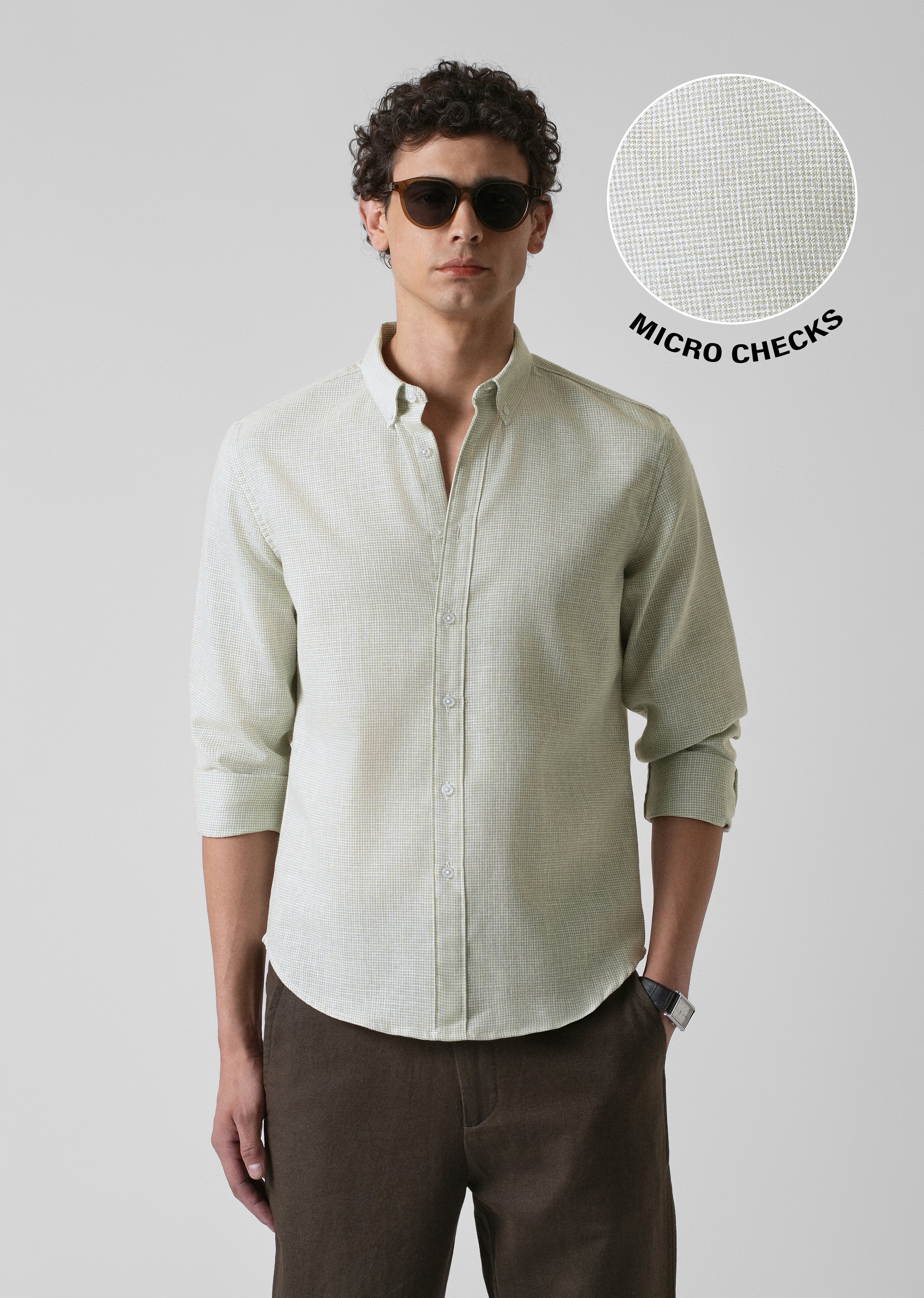 Green Micro Checks Blended Cotton Shirt