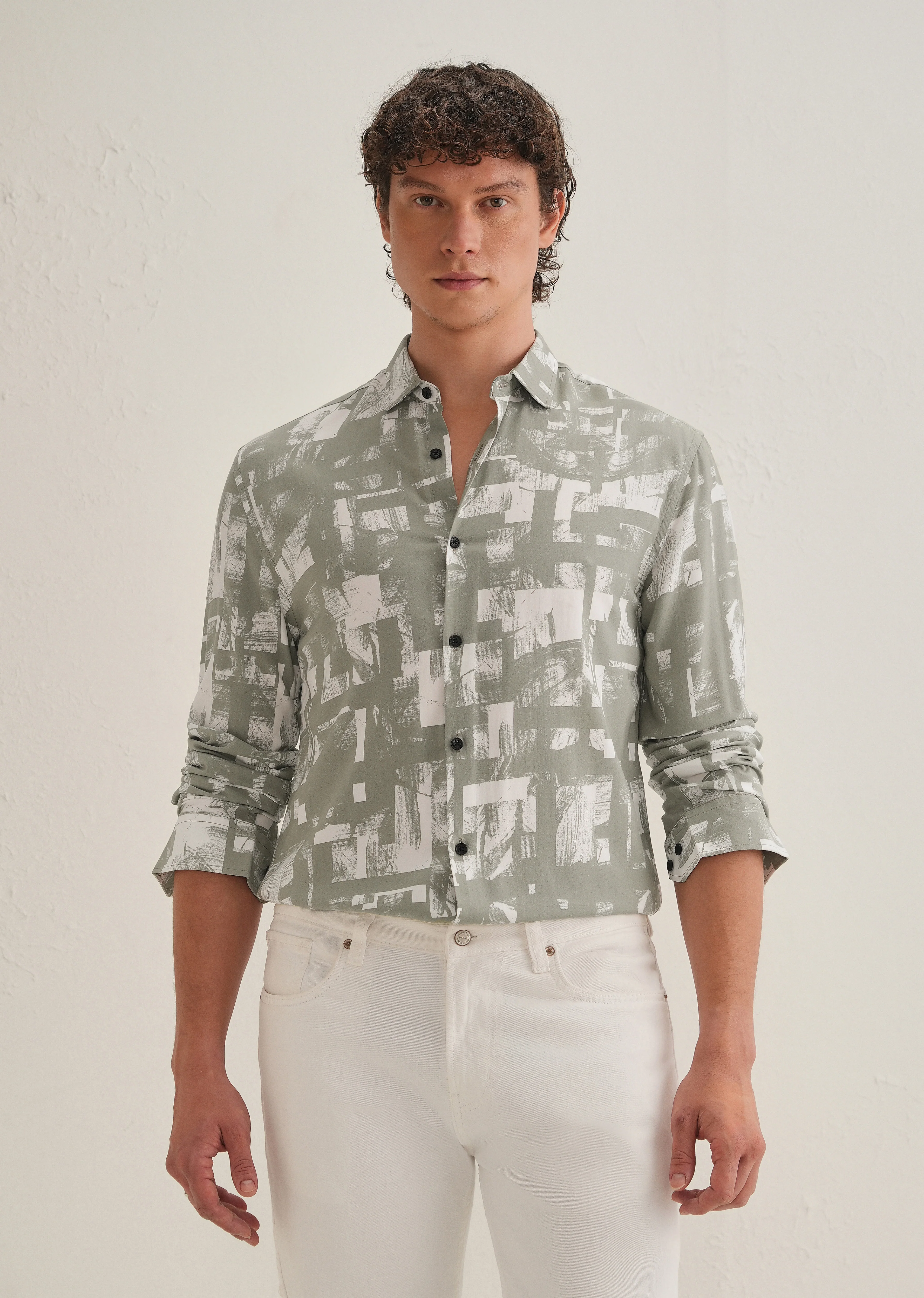 Green White Abstract Printed Shirt