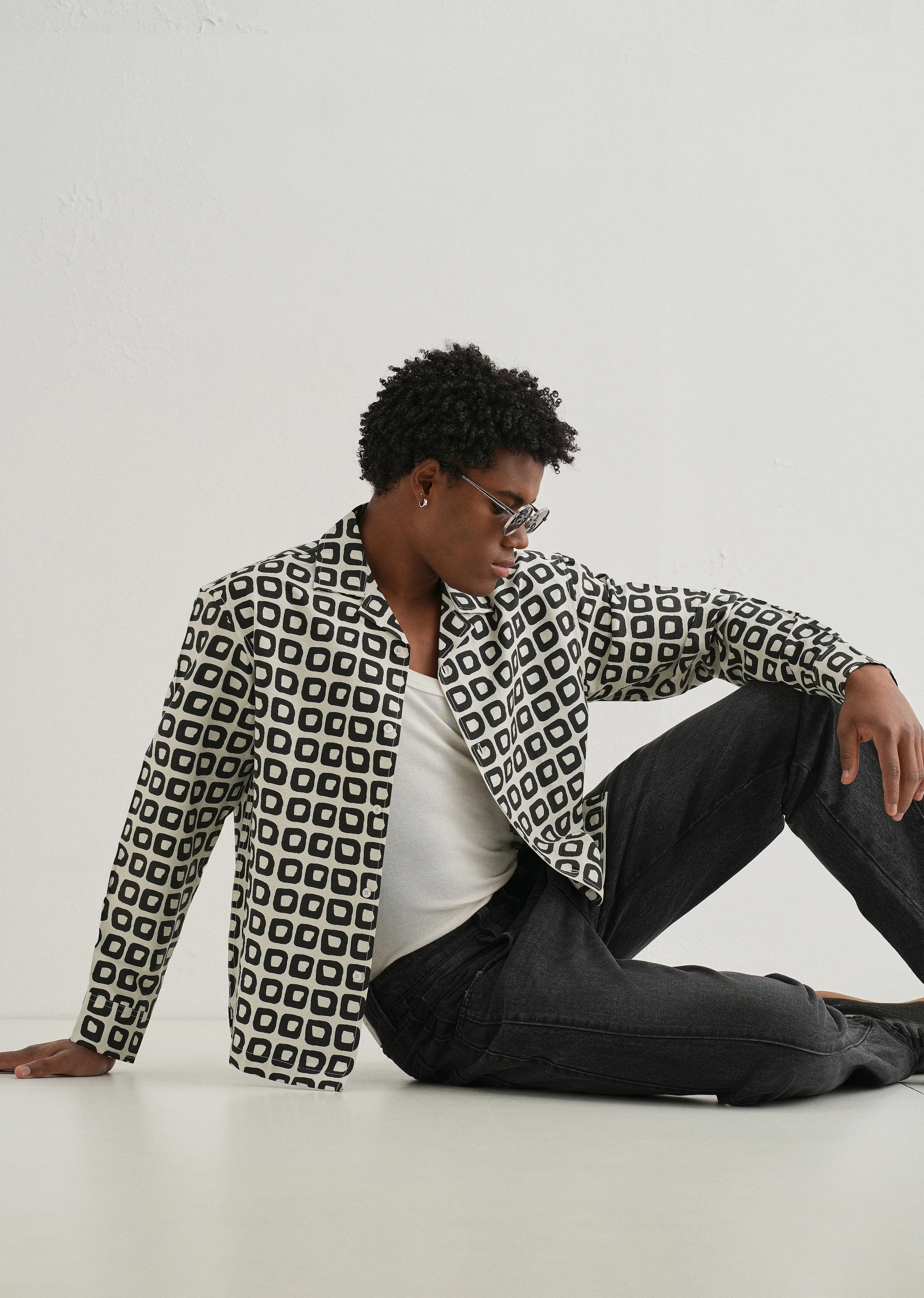 Ivory Retro Grid Printed Shirt