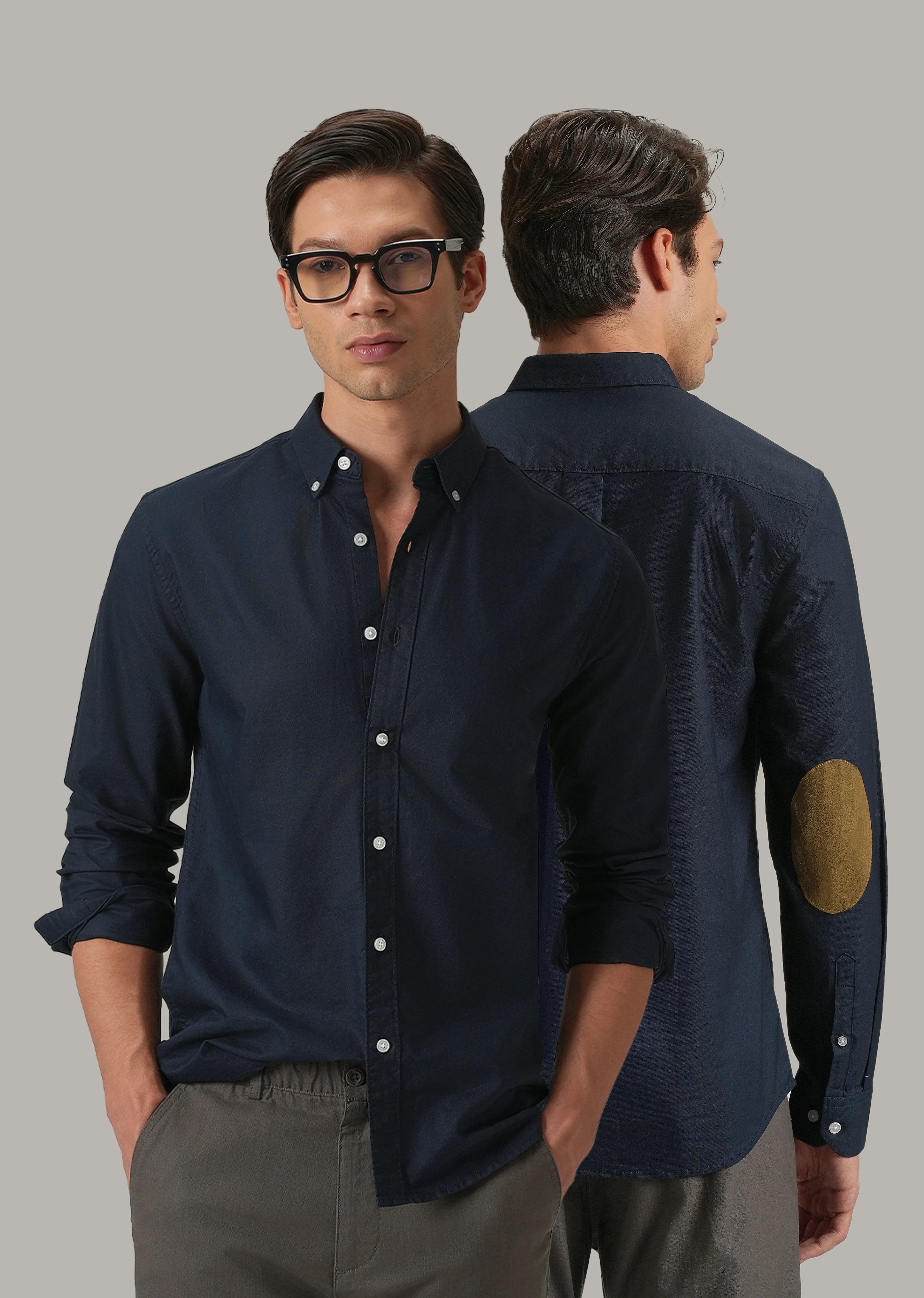 Navy Blue Plain Elbow Patch Oxford Shirt