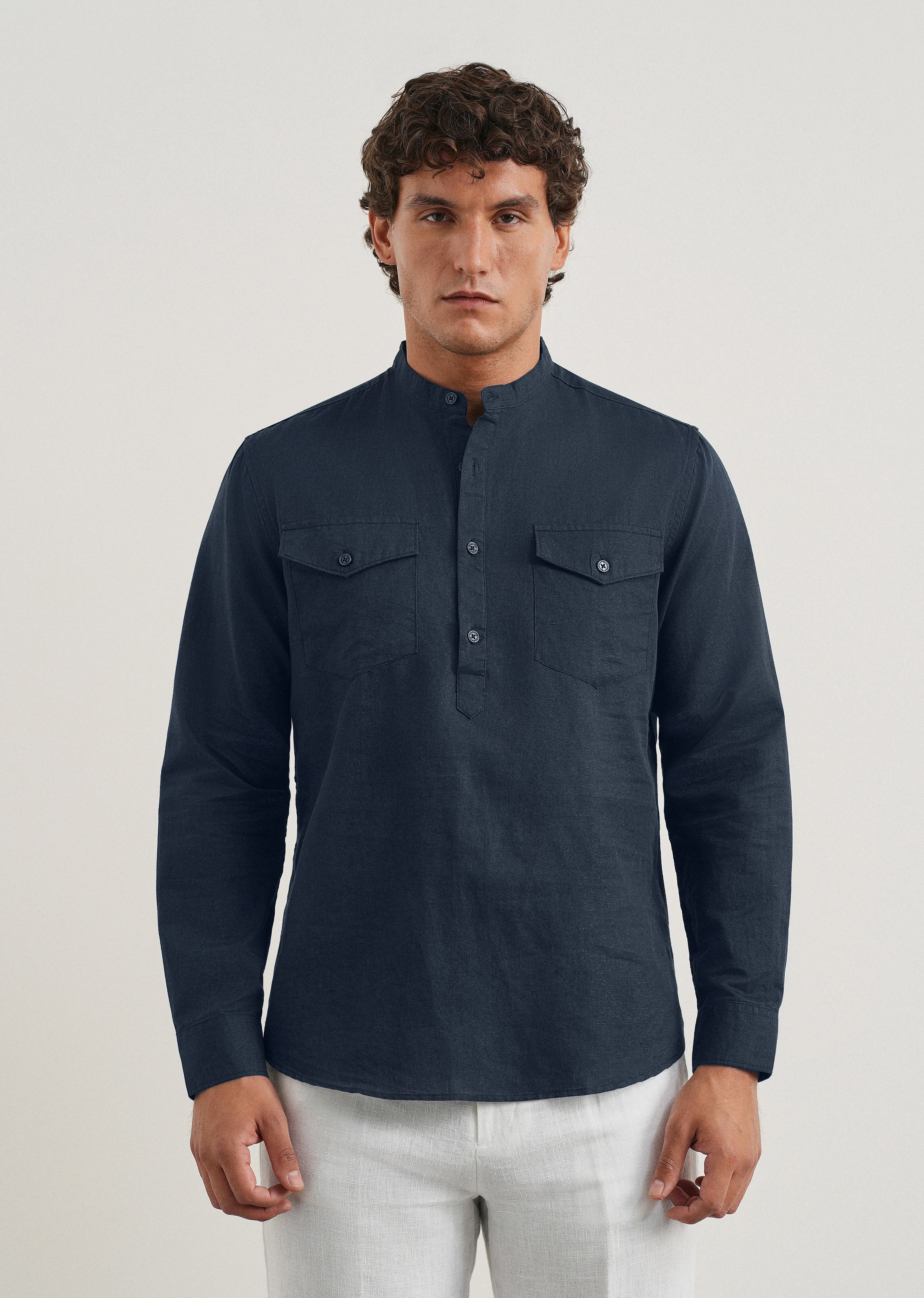 Navy Cotton Linen Short Kurta - Image 3