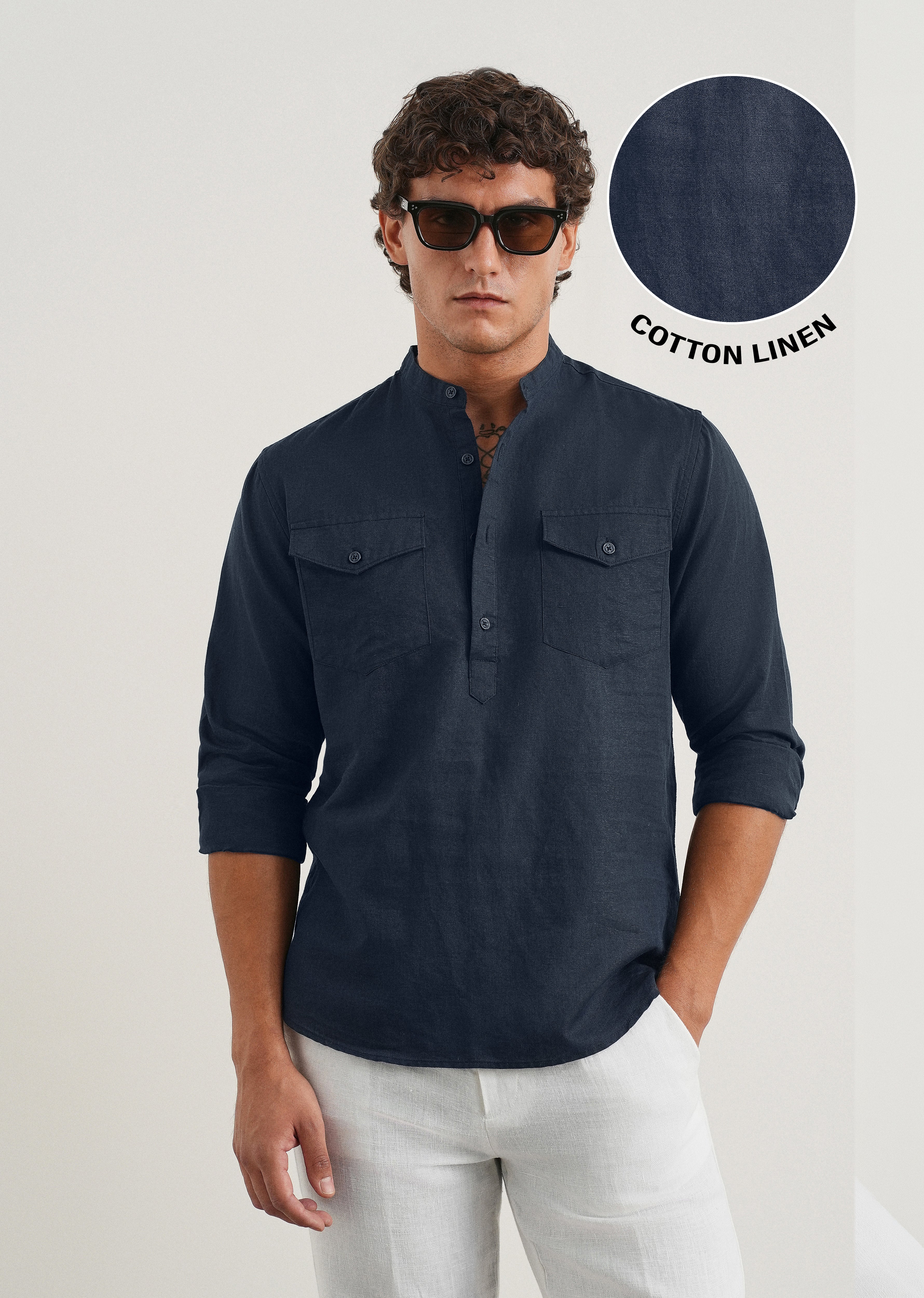 Navy Cotton Linen Short Kurta - Image 7