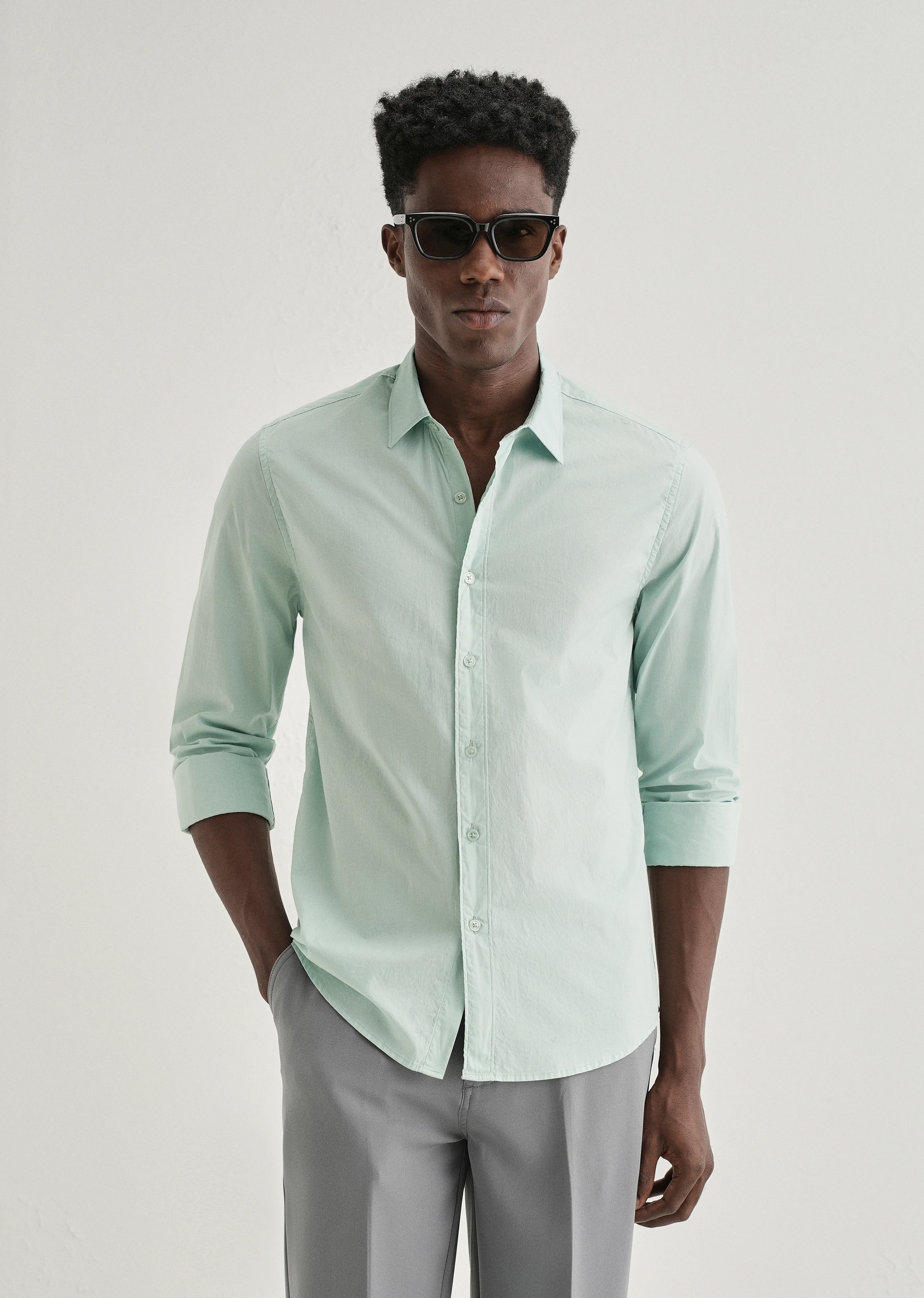 Pastel Mint Green Plain Cotton Shirt