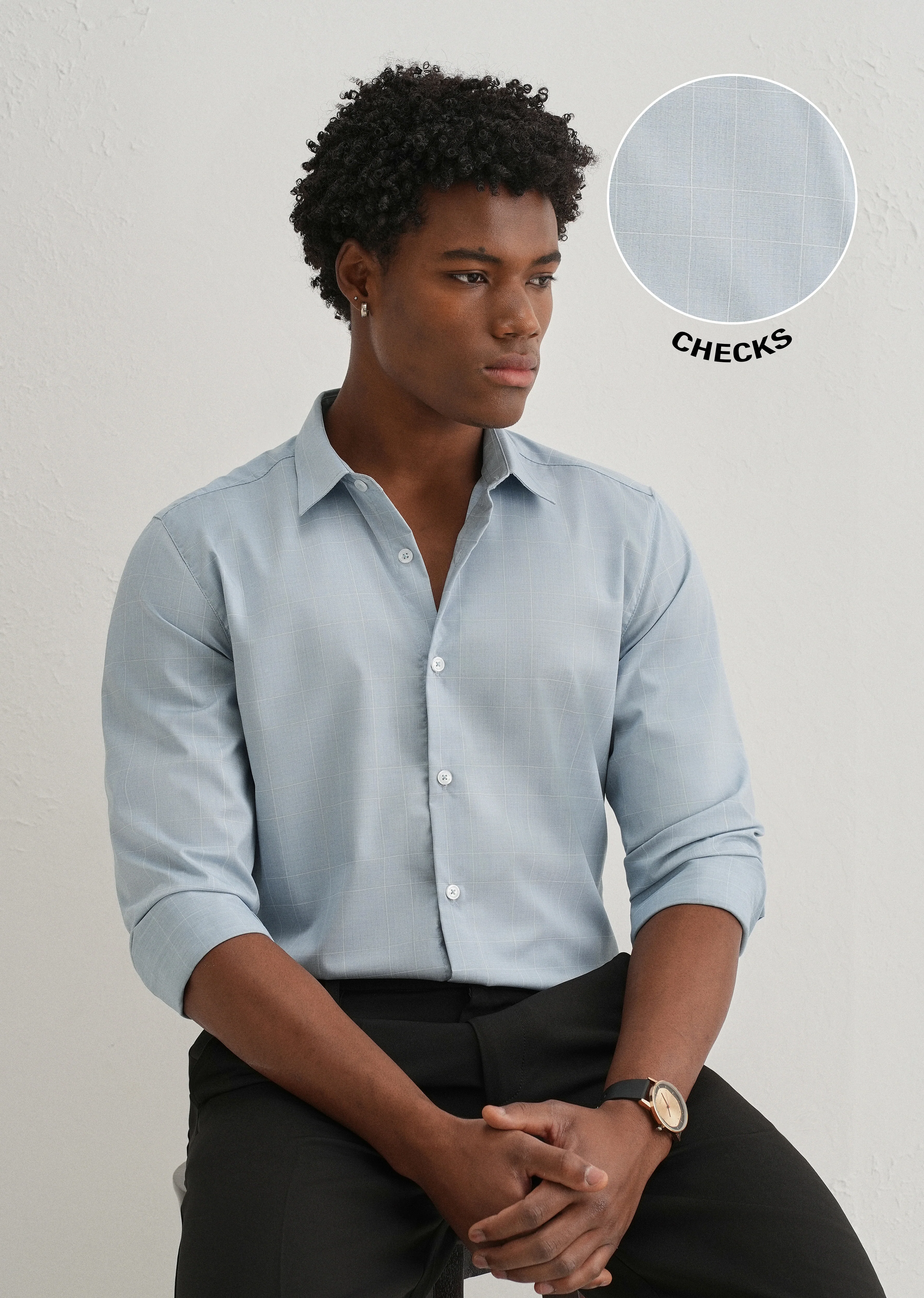 Powder Blue Windowpane Check Shirt