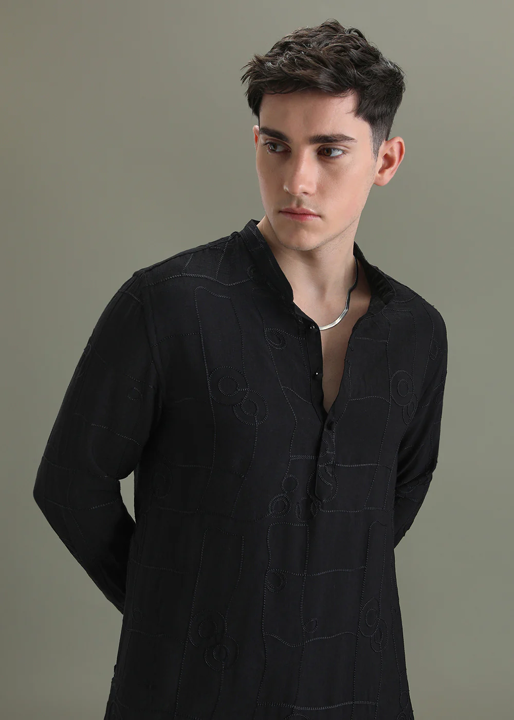 Raven Black Self Thread Embroidered Kurta
