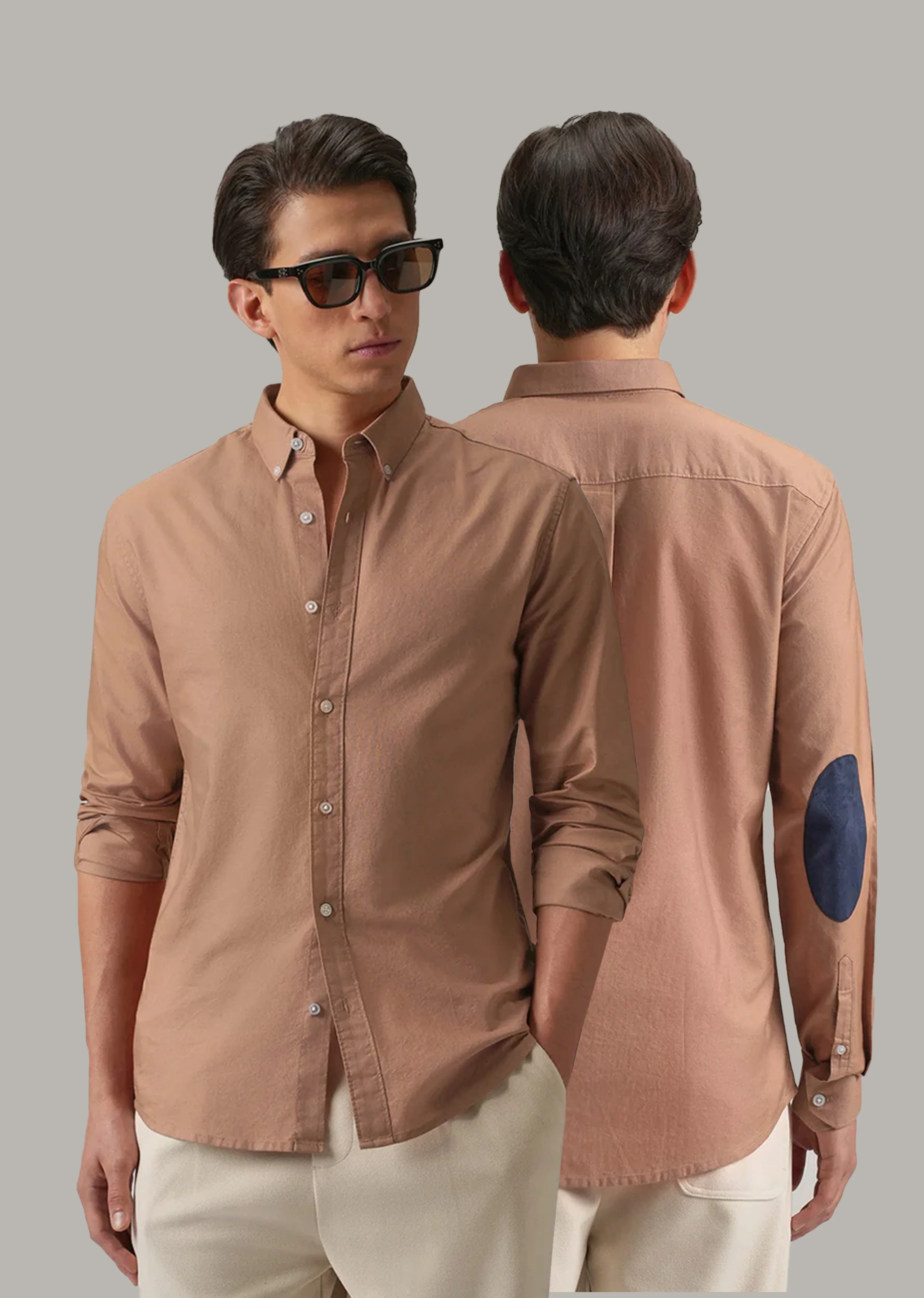 Tan Peach Plain Elbow Patch Oxford Shirt