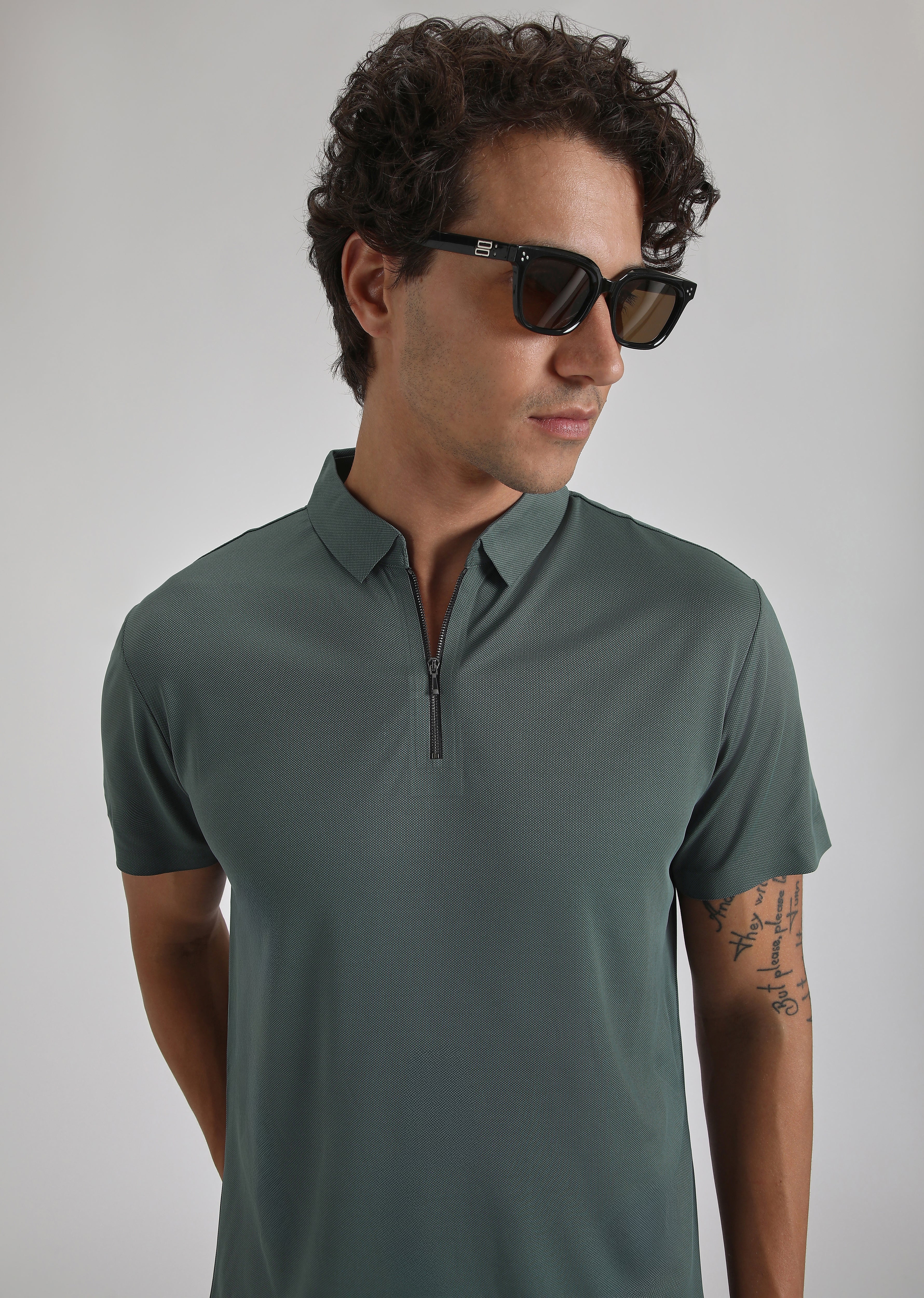 Teal Plain Zipper Stitchless Polo T-shirt