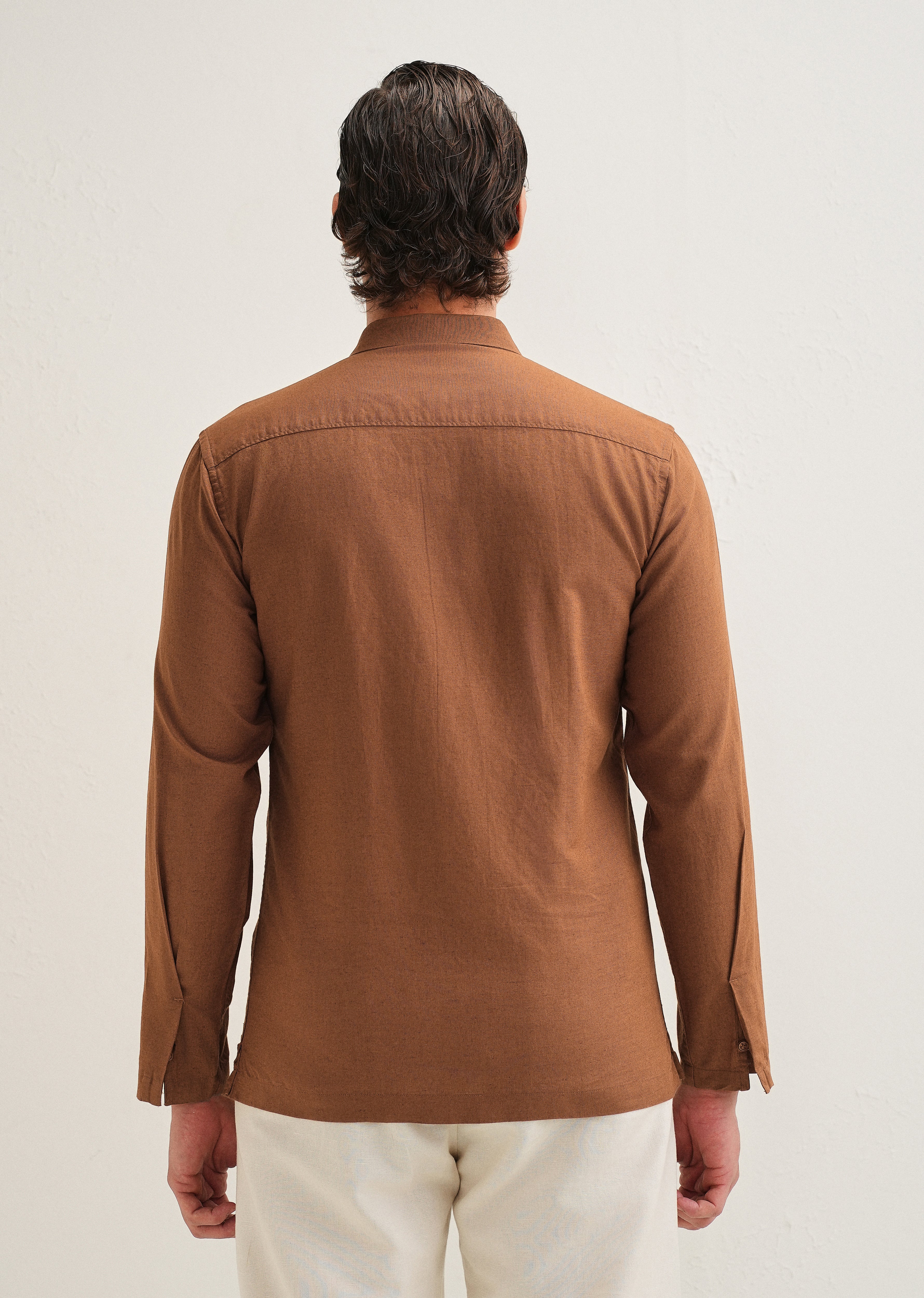 Terracotta Brown Hidden Sleeve Placket Cotton Linen Shirt - Image 4