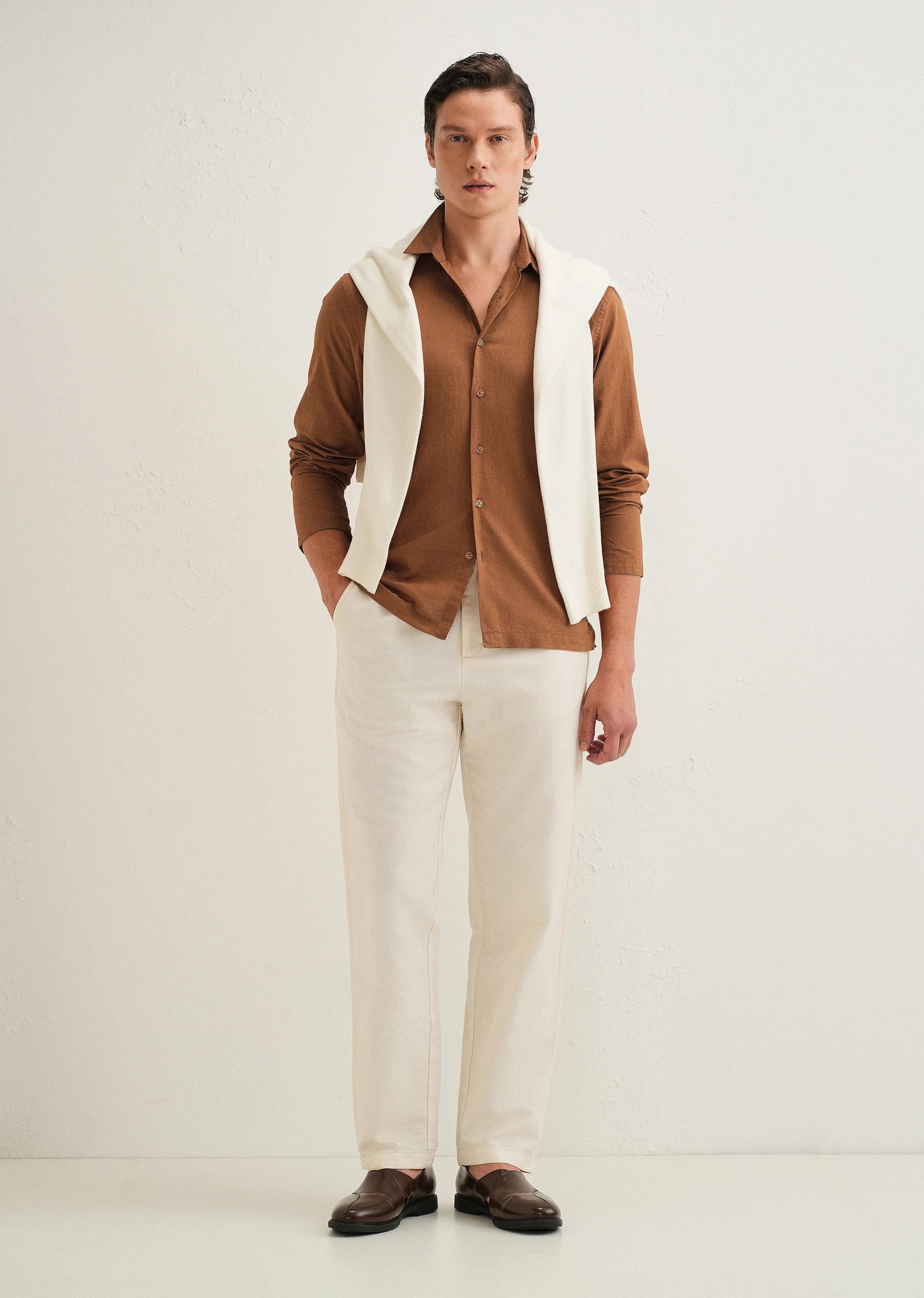Terracotta Brown Hidden Sleeve Placket Cotton Linen Shirt - Image 8