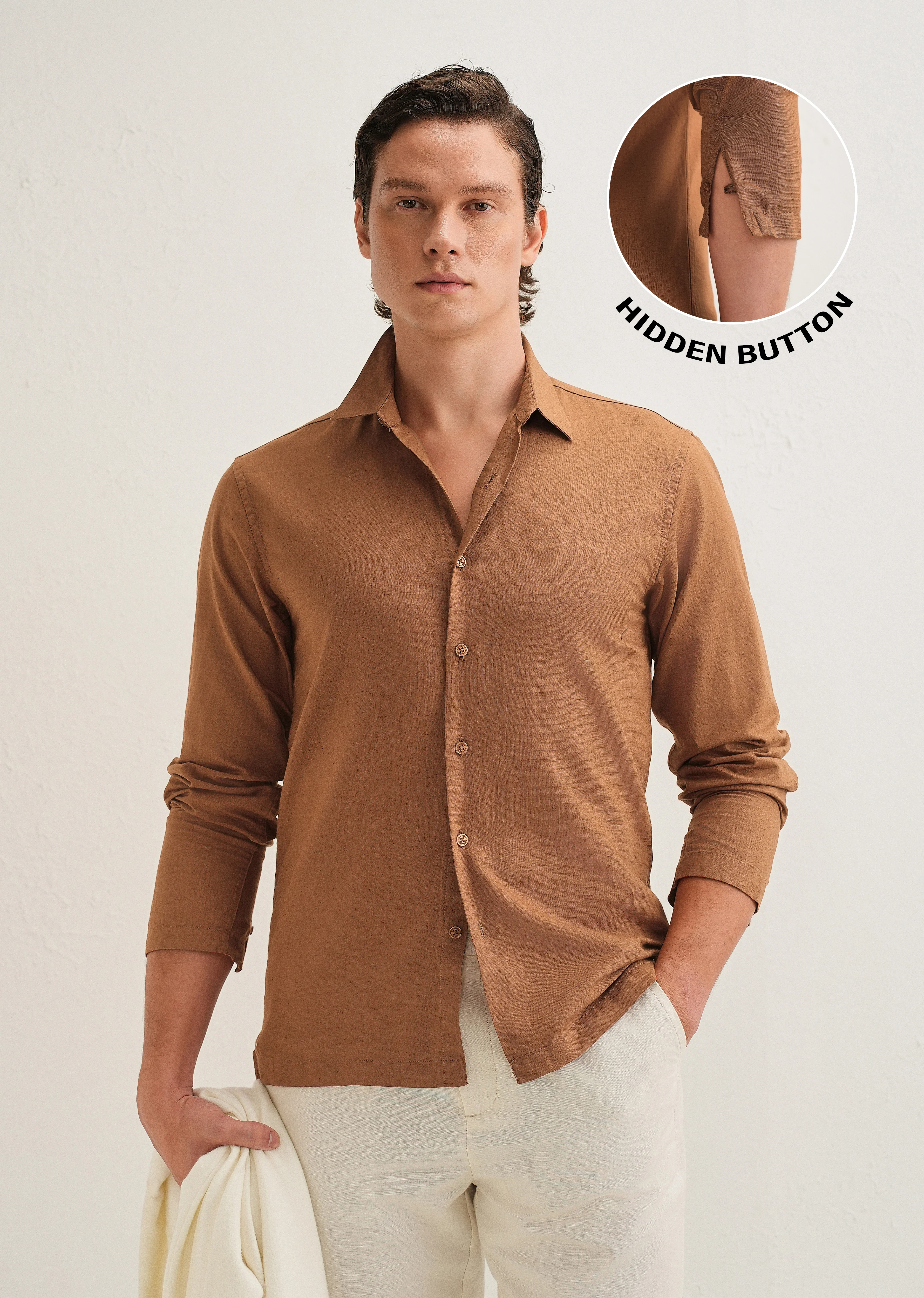 Terracotta Brown Hidden Sleeve Placket Cotton Linen Shirt - Image 9