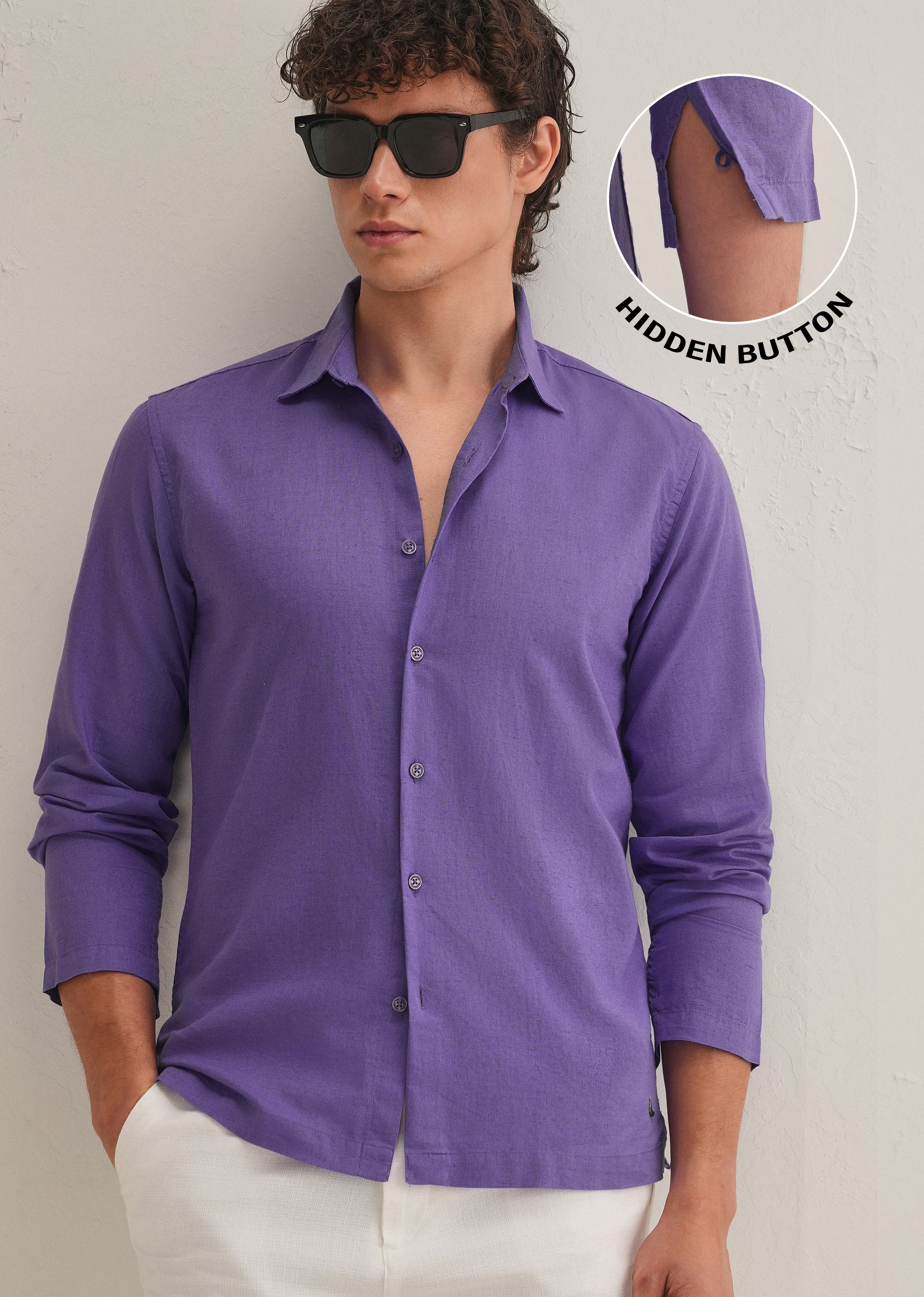 Violet Hidden Sleeve Placket Cotton Linen Shirt