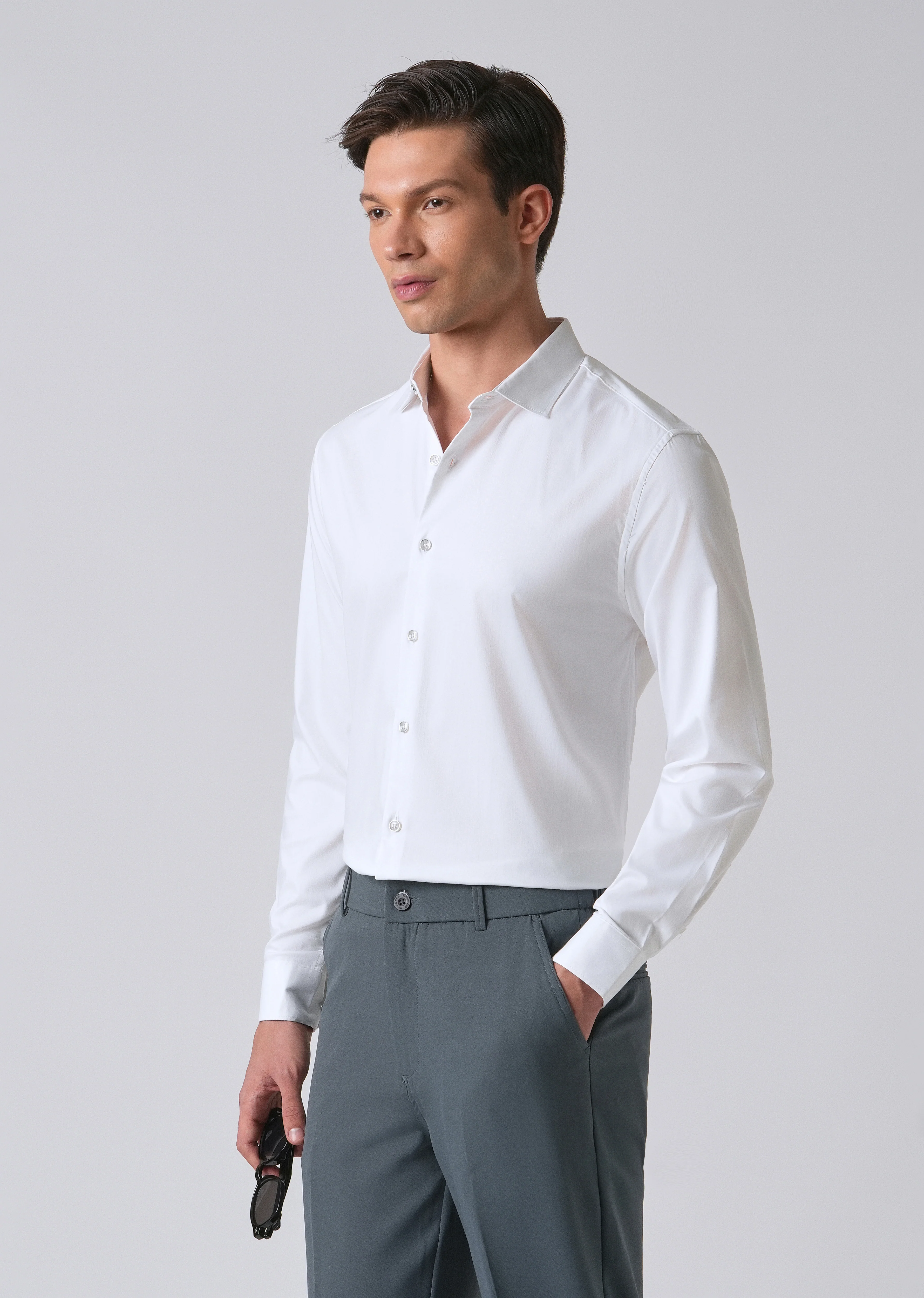 White Cotton Stretch Plain Shirt