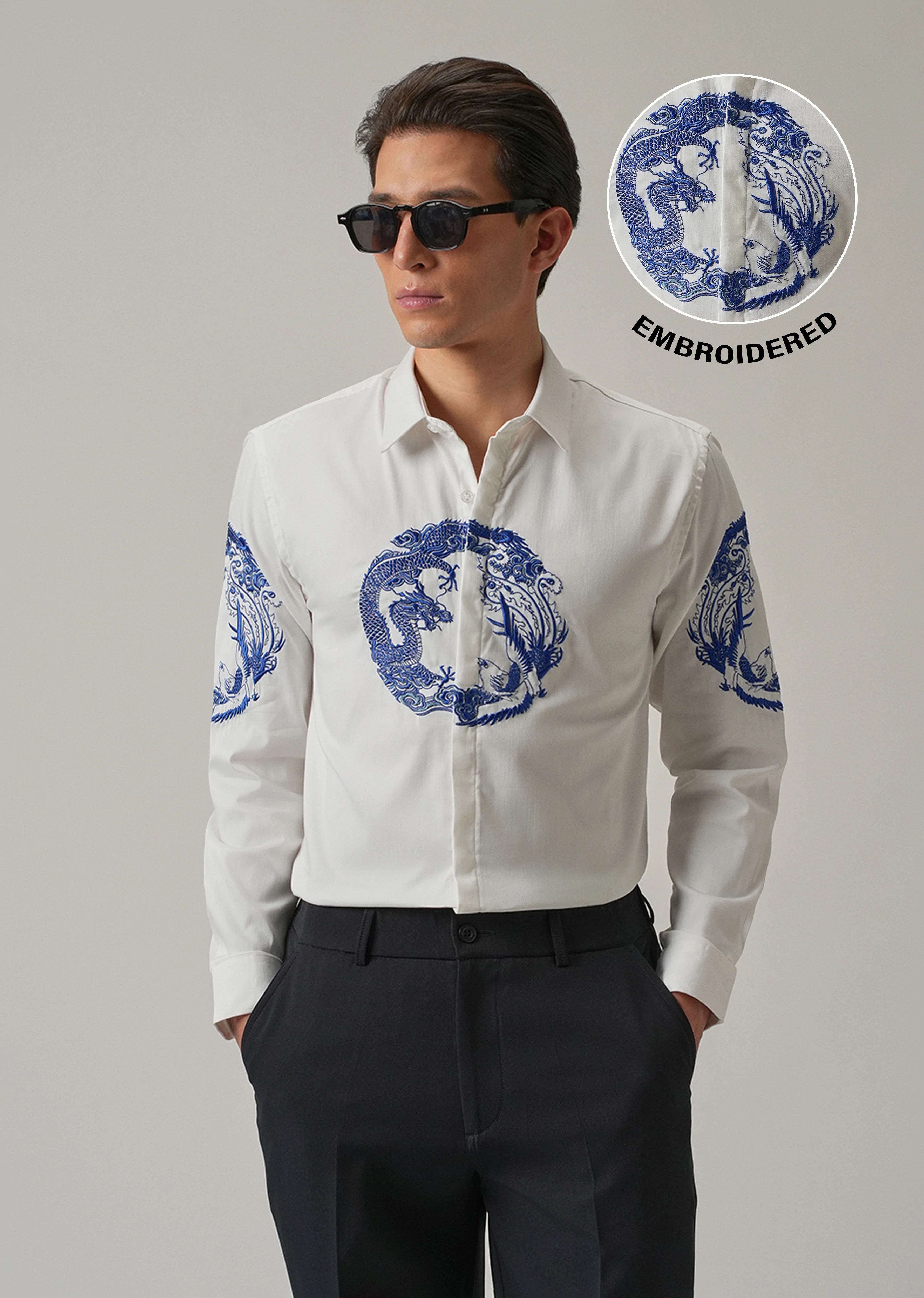 White Dragon and Phoenix Embroidery Designer Shirt