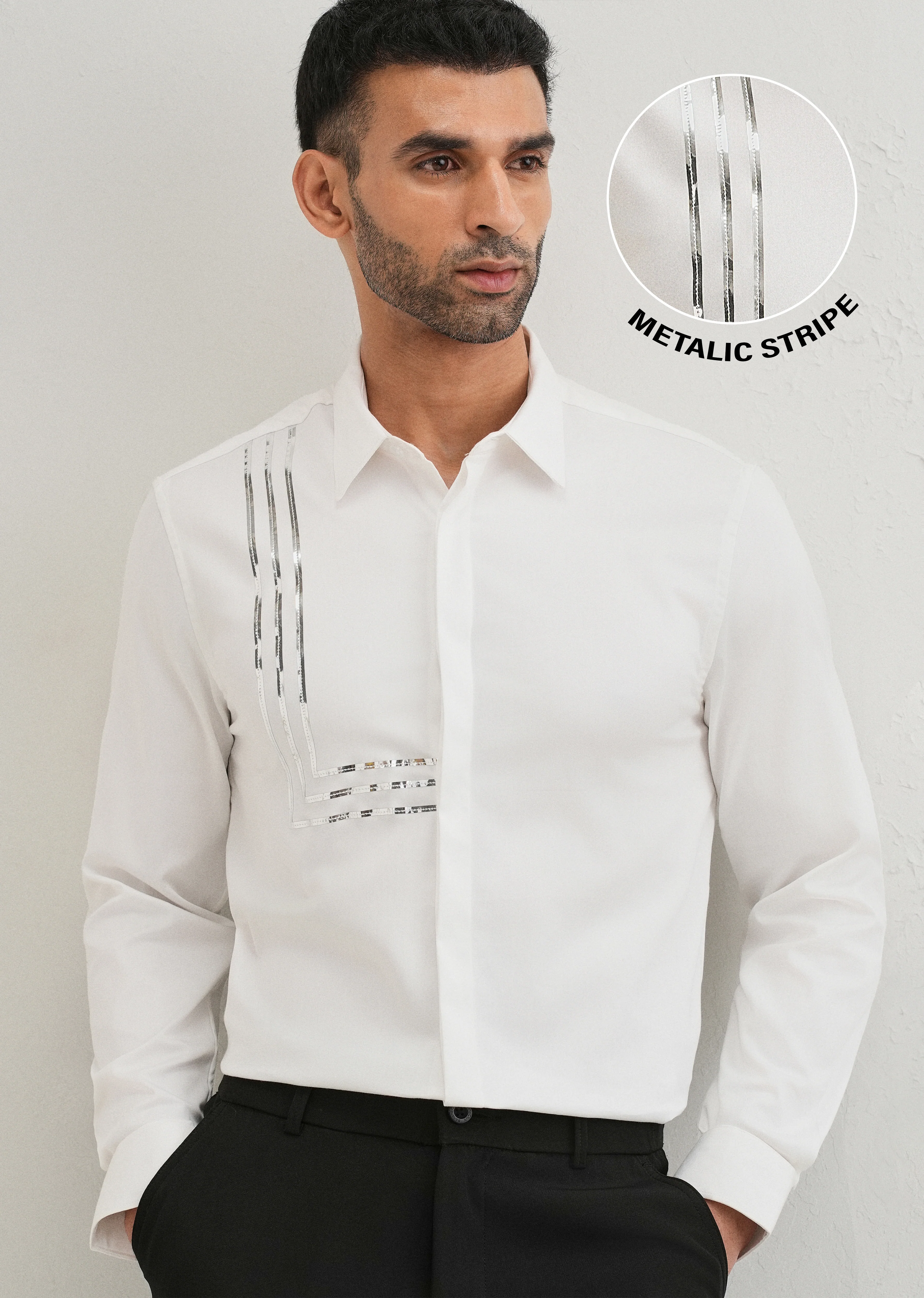 White Metallic Stripe Designer Shirt