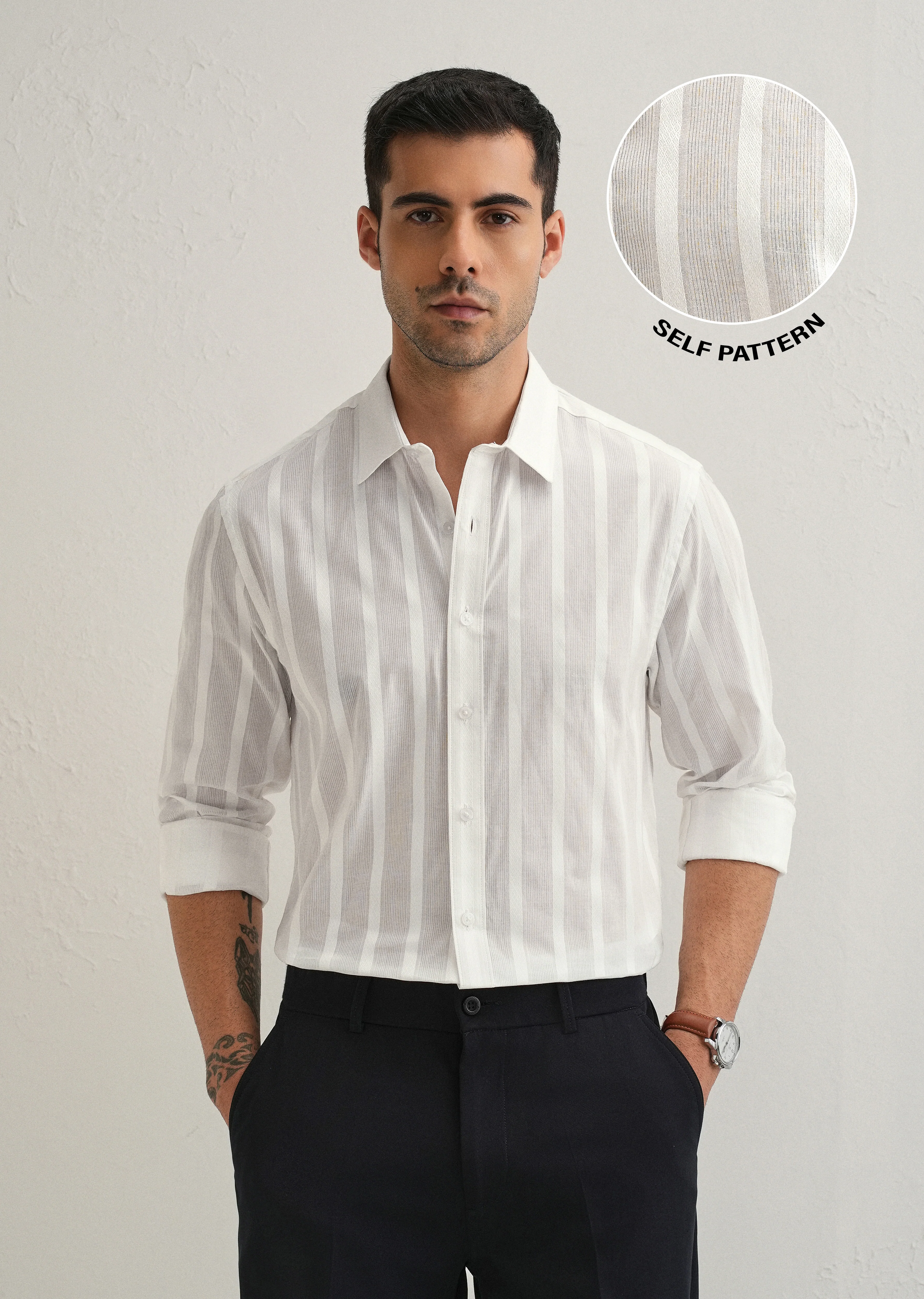 White Self Pattern Blended Cotton Shirt