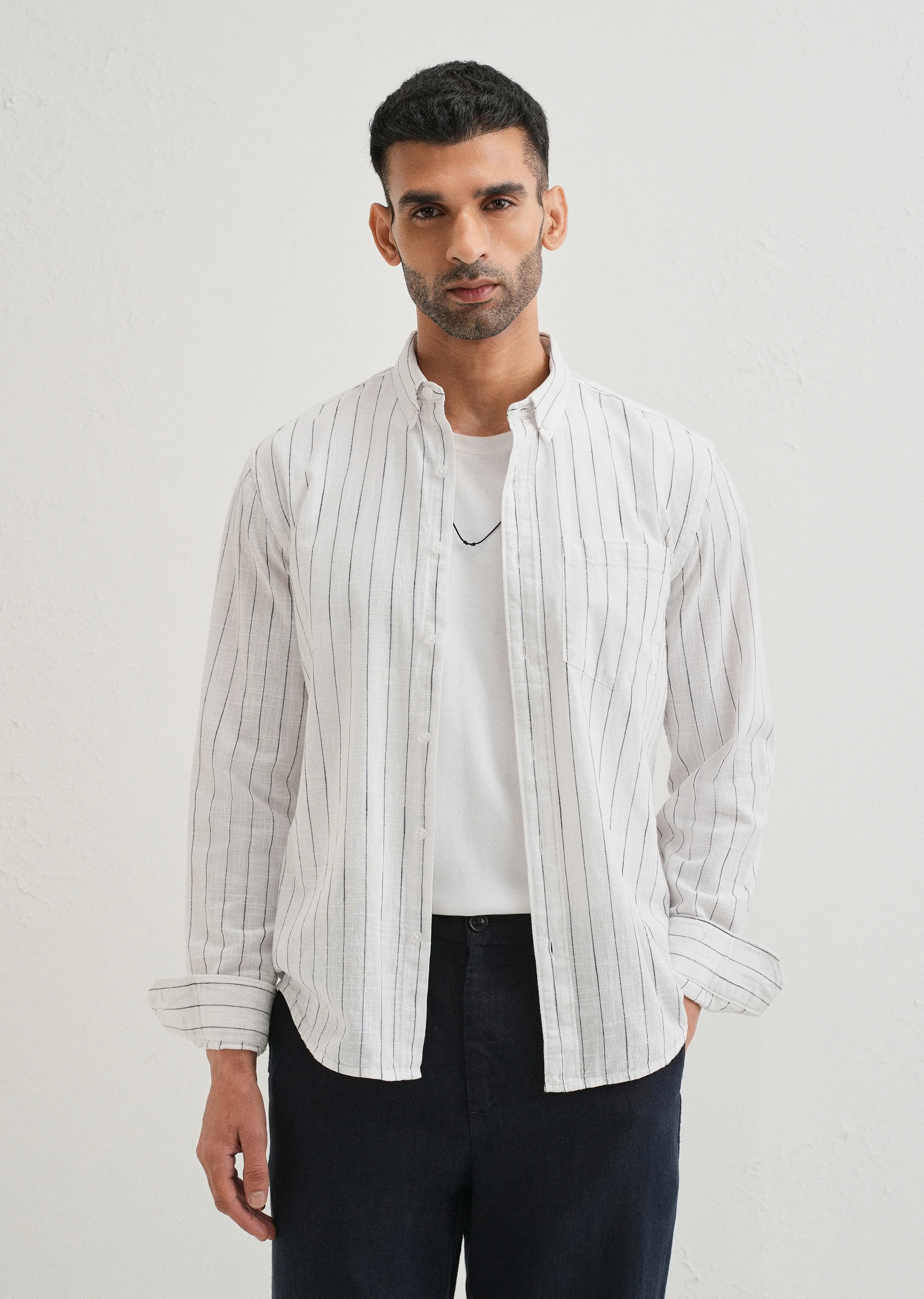 Chalk White Striped Cotton Linen Shirt